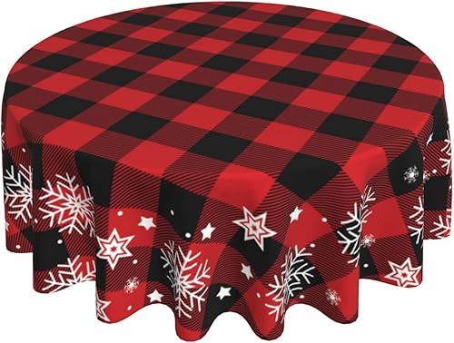 Mantel redondo de Navidad de 60 pulgadas mantel de copo de nieve a cuadros rojos y negros para decoración rústica de cocina de granja mantel de tela