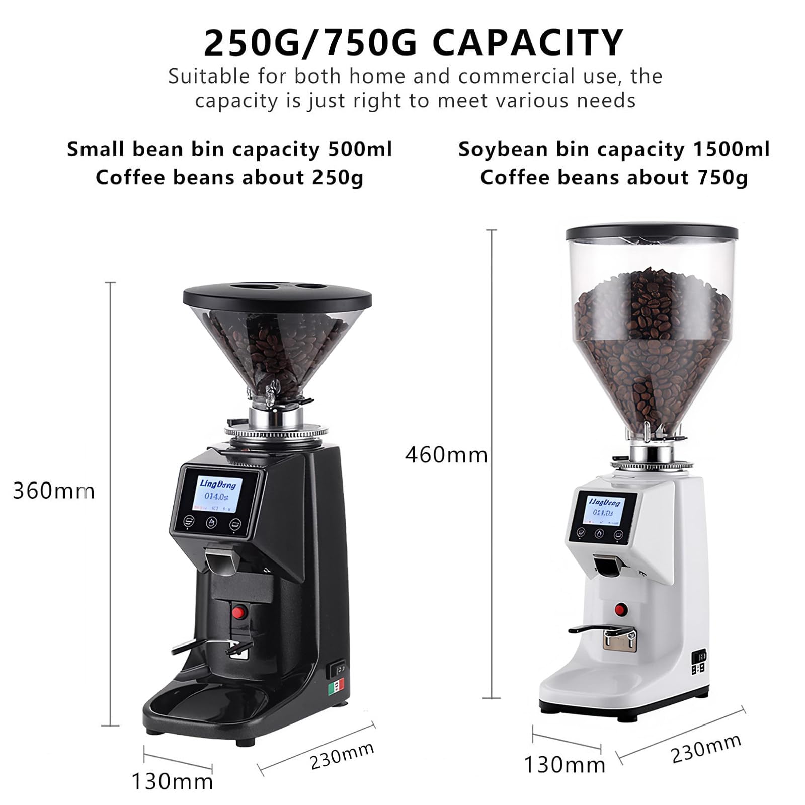 Komercyjny Młynek do Kawy Domowej 250G/750G – Płaskie Żarna 60 mm, 19 Ustawień Mielenia, Cyfrowy Timer, Silnik 250 W, Stała Jakość od Espresso po French Press 500ml-Black