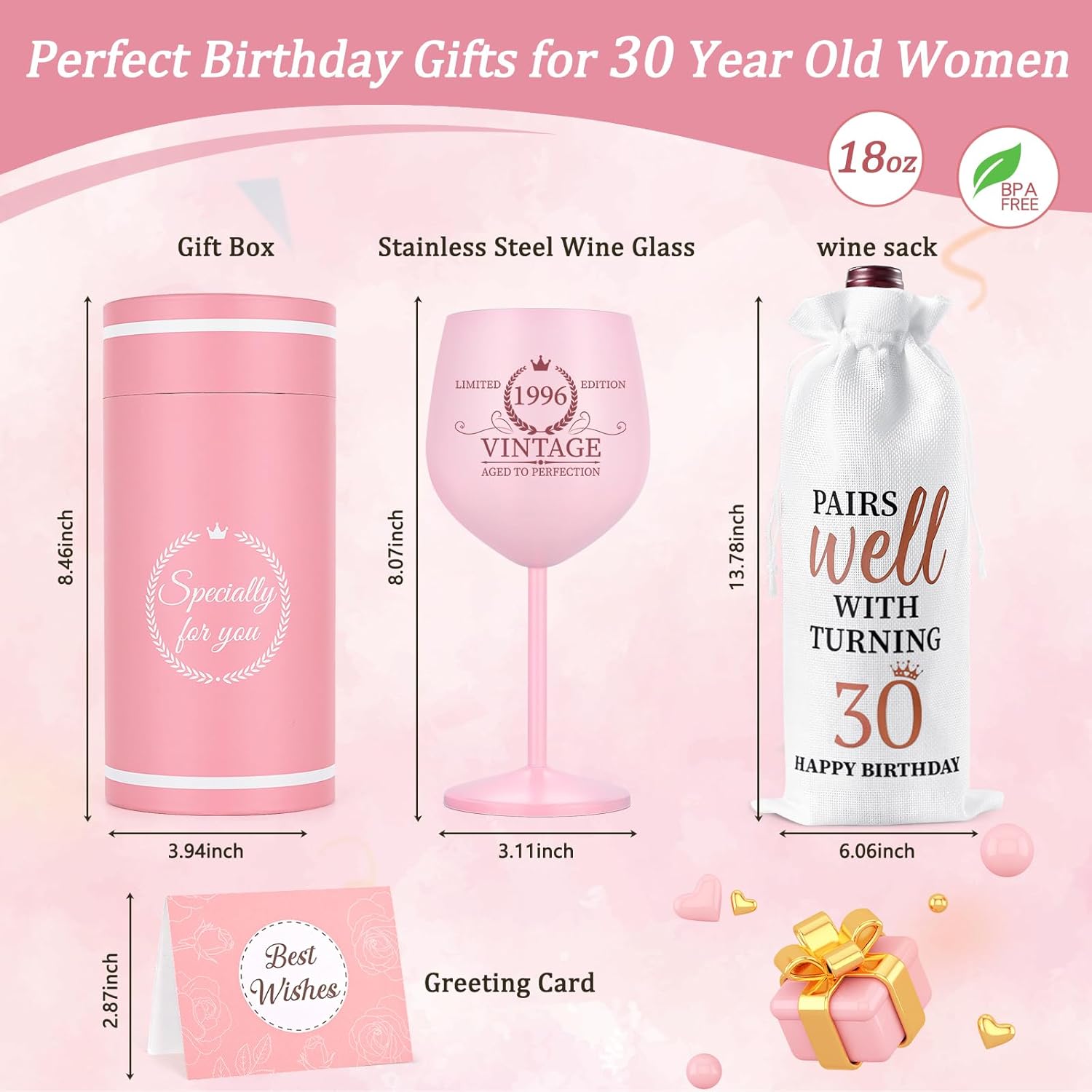 Lifecapido 30th Birthday Gifts for Her, Vintage 1996 Stainless Steel Wine Glass with Wine Bag and Card, 30th Birthday Decorations for Women, 30 Year Old Birthday Gifts for Sister Friends Wife Aunt - Image 7