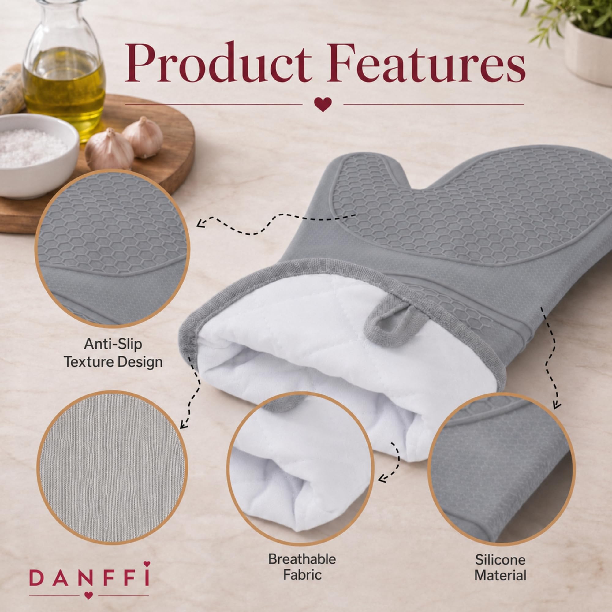 Juego de guantes de horno de silicona y soportes para ollas, guantes de cocina resistentes al calor, agarre texturizado antideslizante, silicona flexible con forro de algodón suave (6 piezas