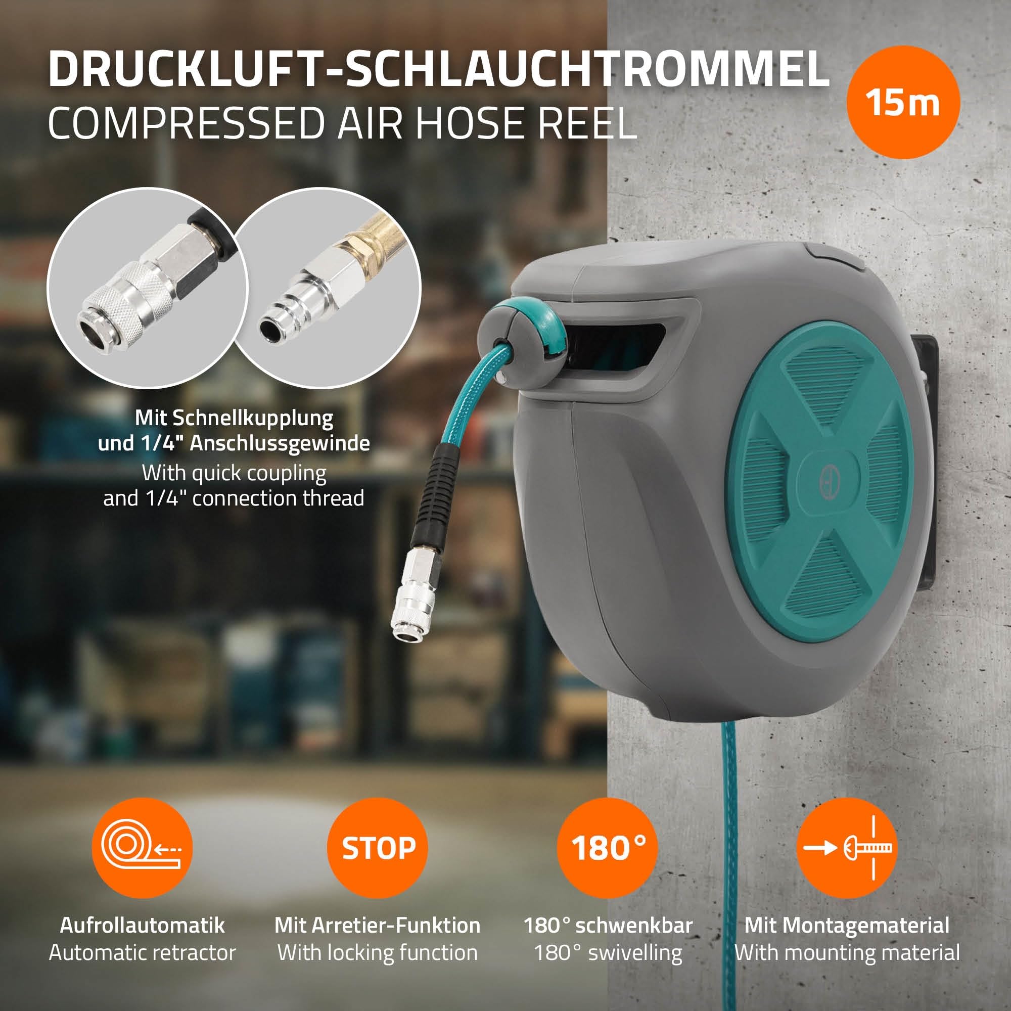 ECD Germany Carrete de Manguera de Aire Comprimido 15m + 1,5m Enrollador de Recogida Automática Conexión de 1/4" máx. 15 bar, Giratorio 180°, Ø12mm Portamangueras de Jardín con Kit de Montaje en Pared