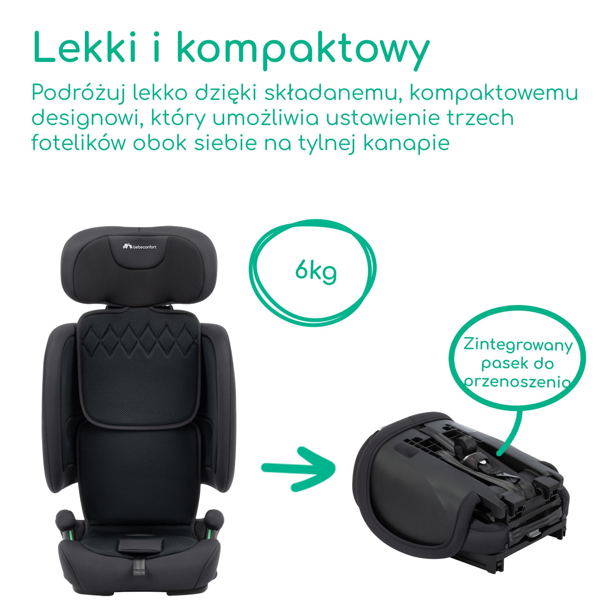 Bebeconfort Ever & Go i-Size, Ewolucyjny Fotelik Samochodowy, 15 Miesięcy - 12 Lat, 76-150 cm, Podróżny Fotelik Samochodowy ISOFIX, Kompaktowy i Lekki (6 kg), 15 Pozycji Zagłówka, Full Black