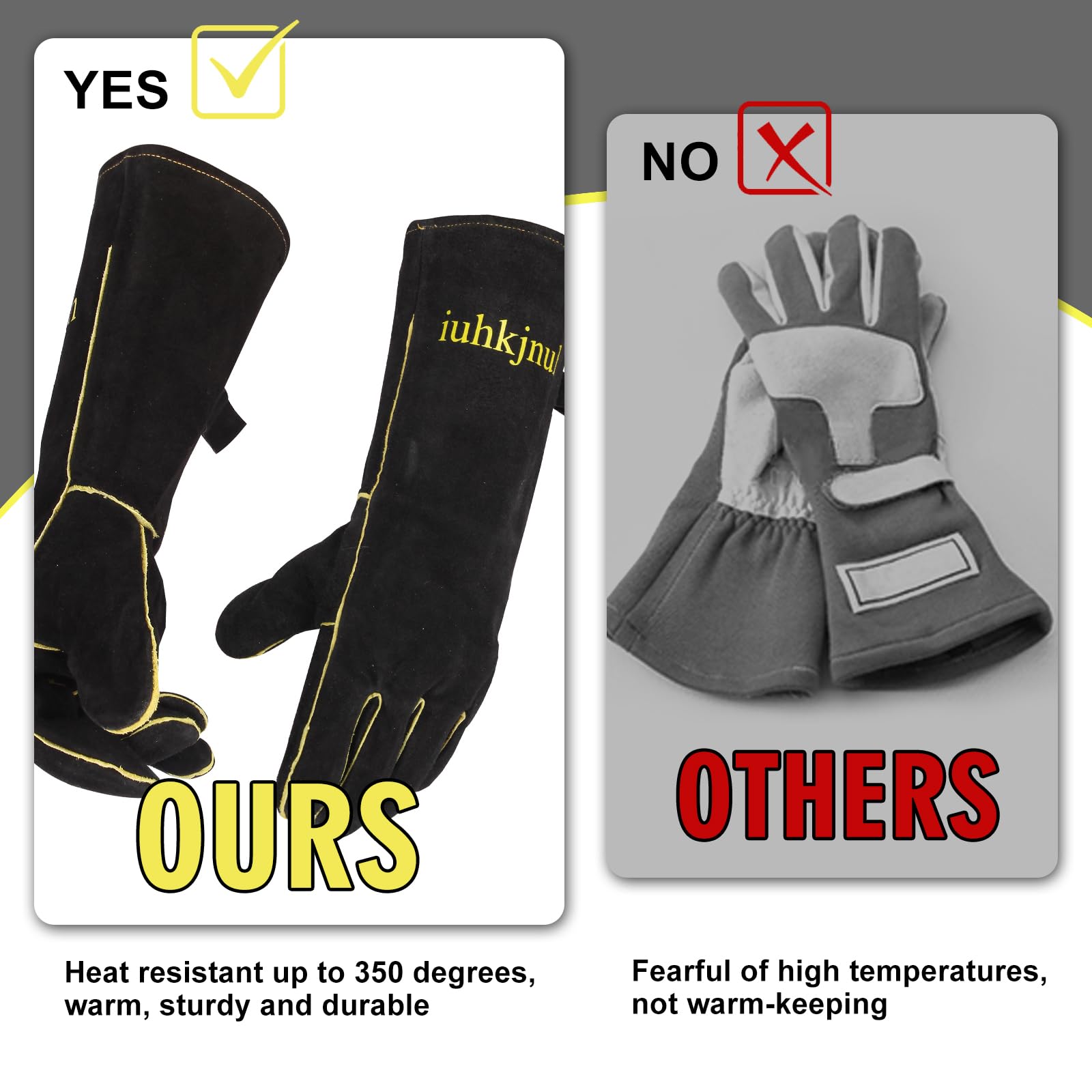 iuhkjnuh Fireplace Gloves Fire Heat Resistant: Fireproof Leather for Fireplace Fire Pit Wood Stove Campfire Furnace BBQ Grill Stick Mig Welding Welder Gear (M) - Image 3