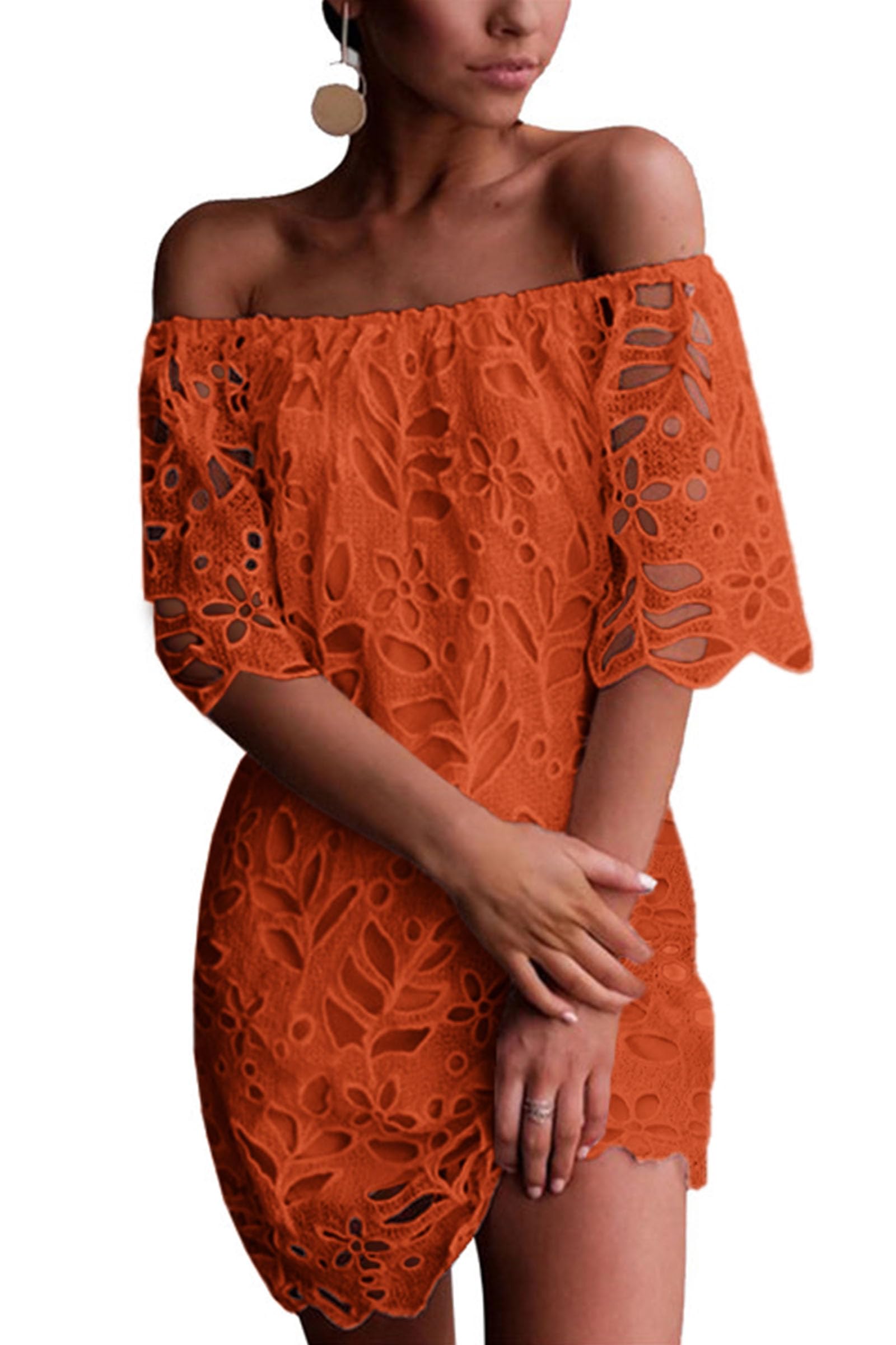 PRETTYGARDEN Women's Summer Off Shoulder Dresses Floral Lace Flare Short Sleeve Spring Vintage Elegant Mini Dress