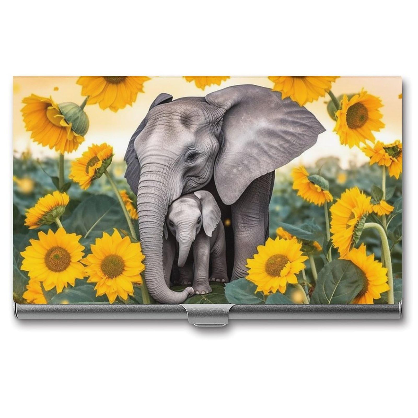 Fekiloot Unisex Silver Elephant Sunflowers Card Holder Color Business Card Box Magnetic Travel Card Case Wallet Portable Business Card Carrier Suitable For Business Professionals Office