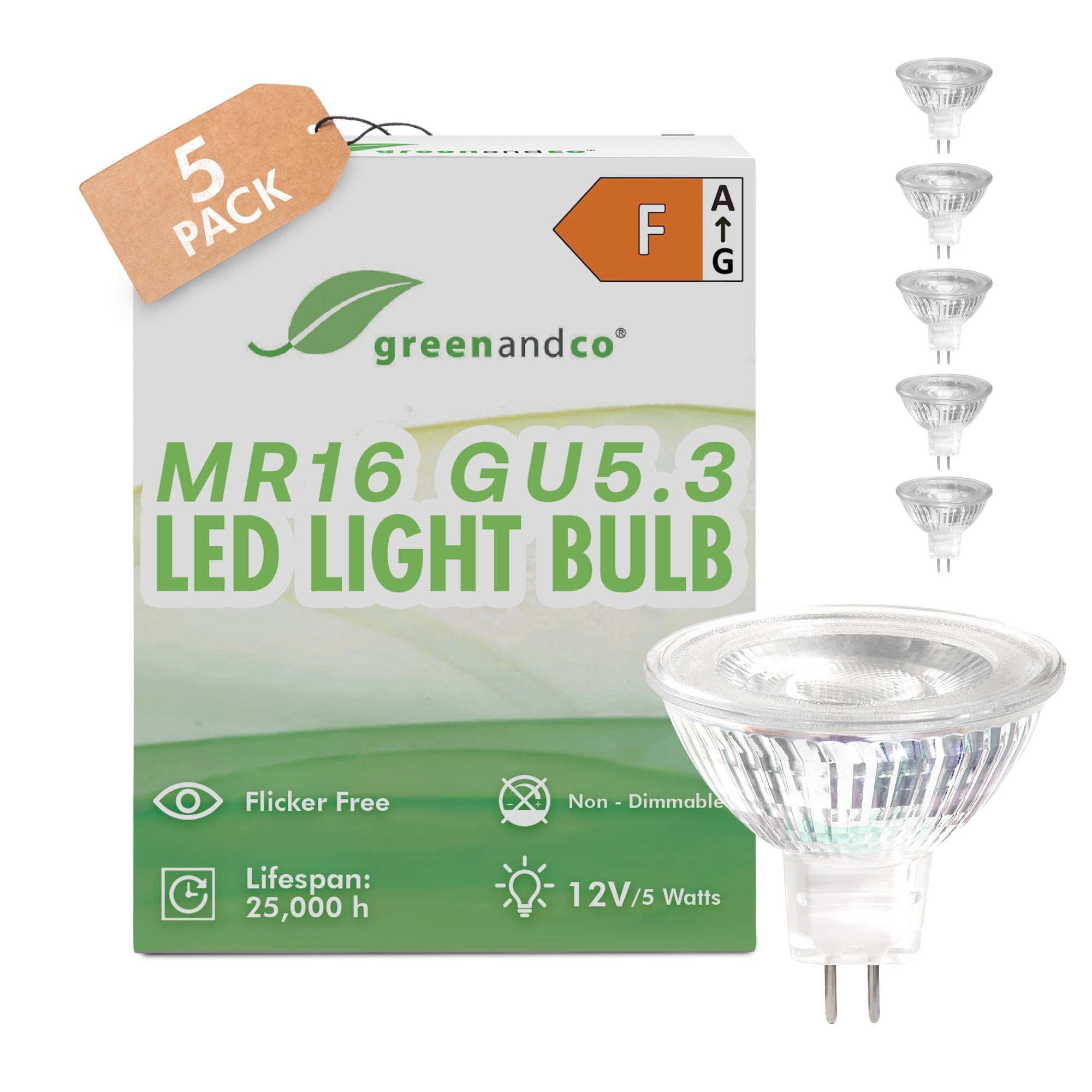 greenandco 5X MR16 GU5.3 | Replaces 40W | Warm White 3000K | 5W 430 lm | 38° | No Flicker | COB LED Light Bulb | 12V AC/DC | Non dimmable