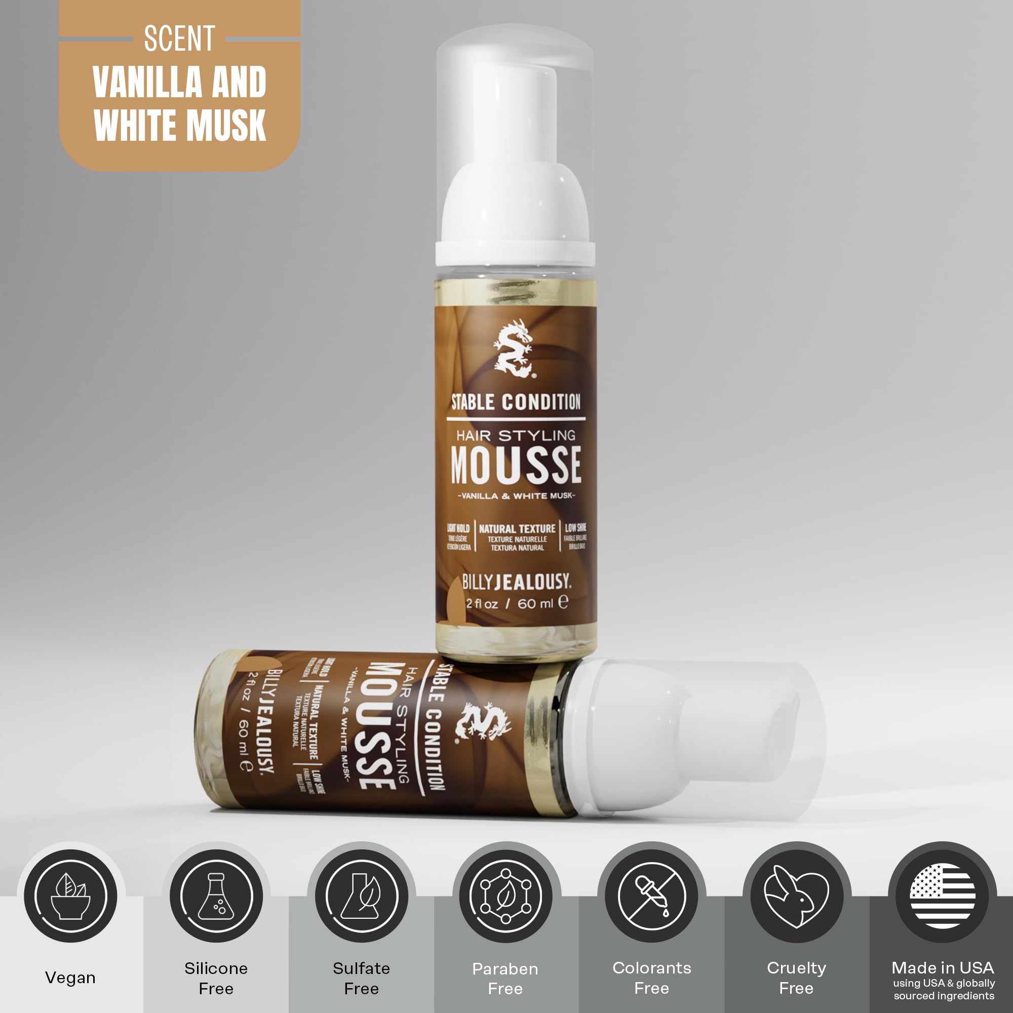 Billy Jealousy Stable Condition Hair Styling Mousse for Men – Light Hold for Body & Lift, Frizz Control – Hydrates with Sea Moss & Kelp, Travel Size, Silicone & Residue-Free, Vegan, Vanilla White Musk
