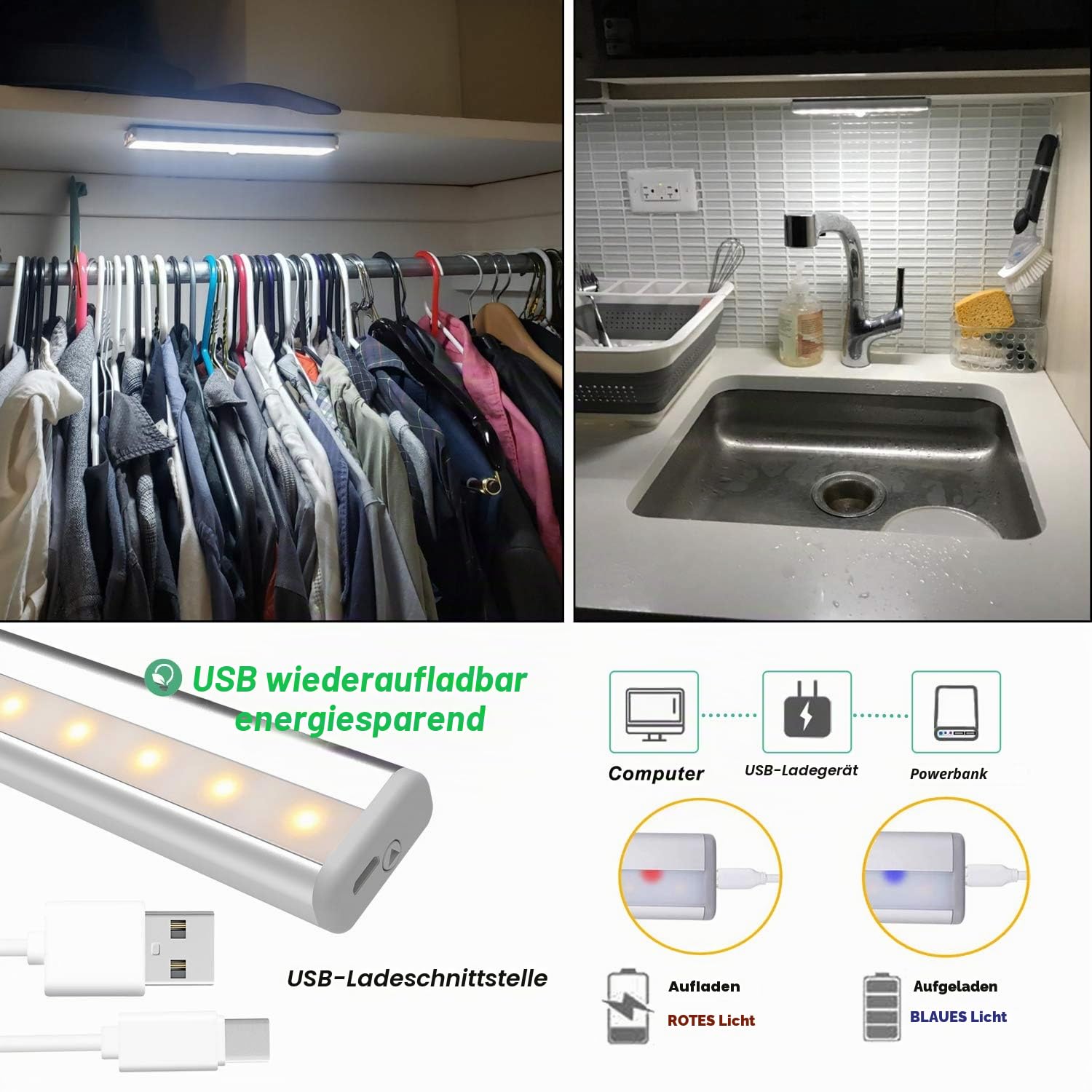 LDOPTO Schrankbeleuchtung Led mit Bewegungsmelder 4 Stück Schranklicht Schrankleuchte Led Leiste Unterbauleuchte Küche Schrankleuchten für Kleiderschrank, Treppe, Kofferraum, RV