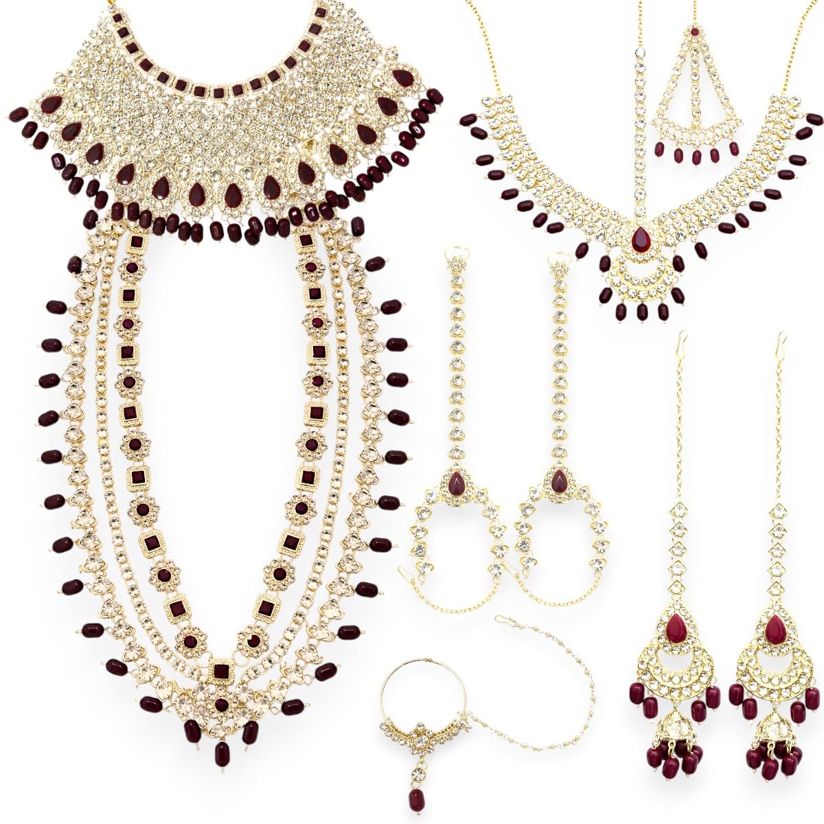 Women & Girls Ethnic Silver-Tone Maroon Kundan Bridal Choker Necklace Set with Earring, Maangtikka, Nose Pin, Haath Phool, Passa Combo Jewellery Set For Wedding-image-41