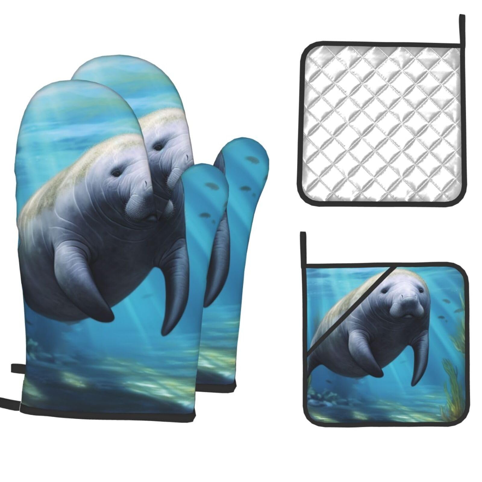 Oven Mitts and Pot Holders Set of 4 Heat Resistant Non-Slip Kitchen Gloves Hot Pads Cute Manatee Non-Slip Potholders for Cooking Baking Grilling BBQ