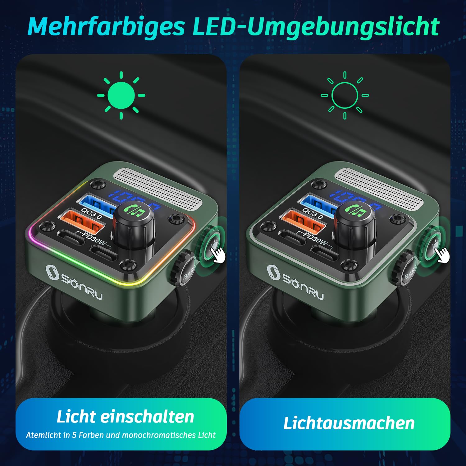 SONRU FM Transmitter Bluetooth 5.3 Adapter Auto, Bass & HiFi Stereo Freisprechanlage Mit [PD 36W & QC 3.0 18W] Schnelles Autoladegerät