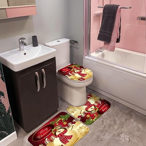 Miniatura 6 de Juego de 4 cortinas de ducha con diseño de Feliz Navidad con alfombras de baño antideslizantes, tapa de inodoro, tapete de baño, cortina de ducha, 4