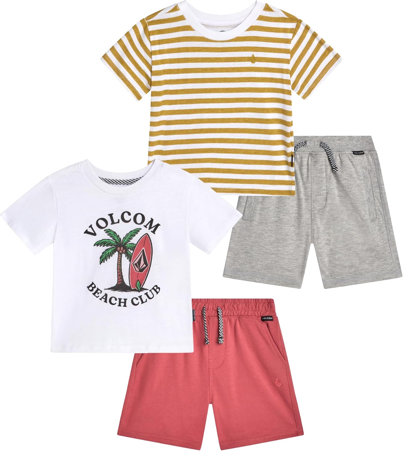 Volcom Baby Boys Shorts Set - 4 Piece Soft Cotton Blend Graphic Short Sleeve T Shirts and Boys Shorts for Infant and Toddler