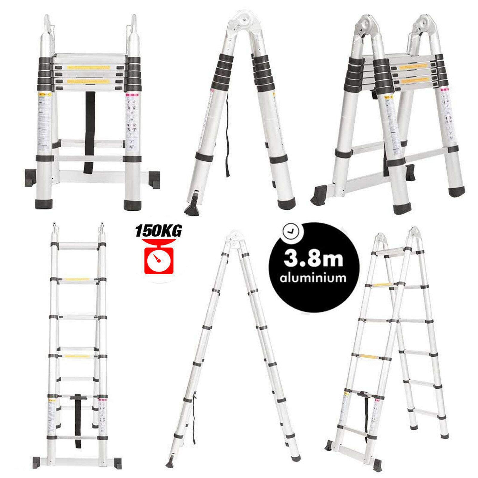 Wytrzymała aluminiowa teleskopowa składana drabina typu loft, rama 3,8 m / 1,9 m + 1,9 m, 12-stopniowe, wysuwane przedłużenie, wielofunkcyjne, aluminiowe drabiny - pojemność 150 kg