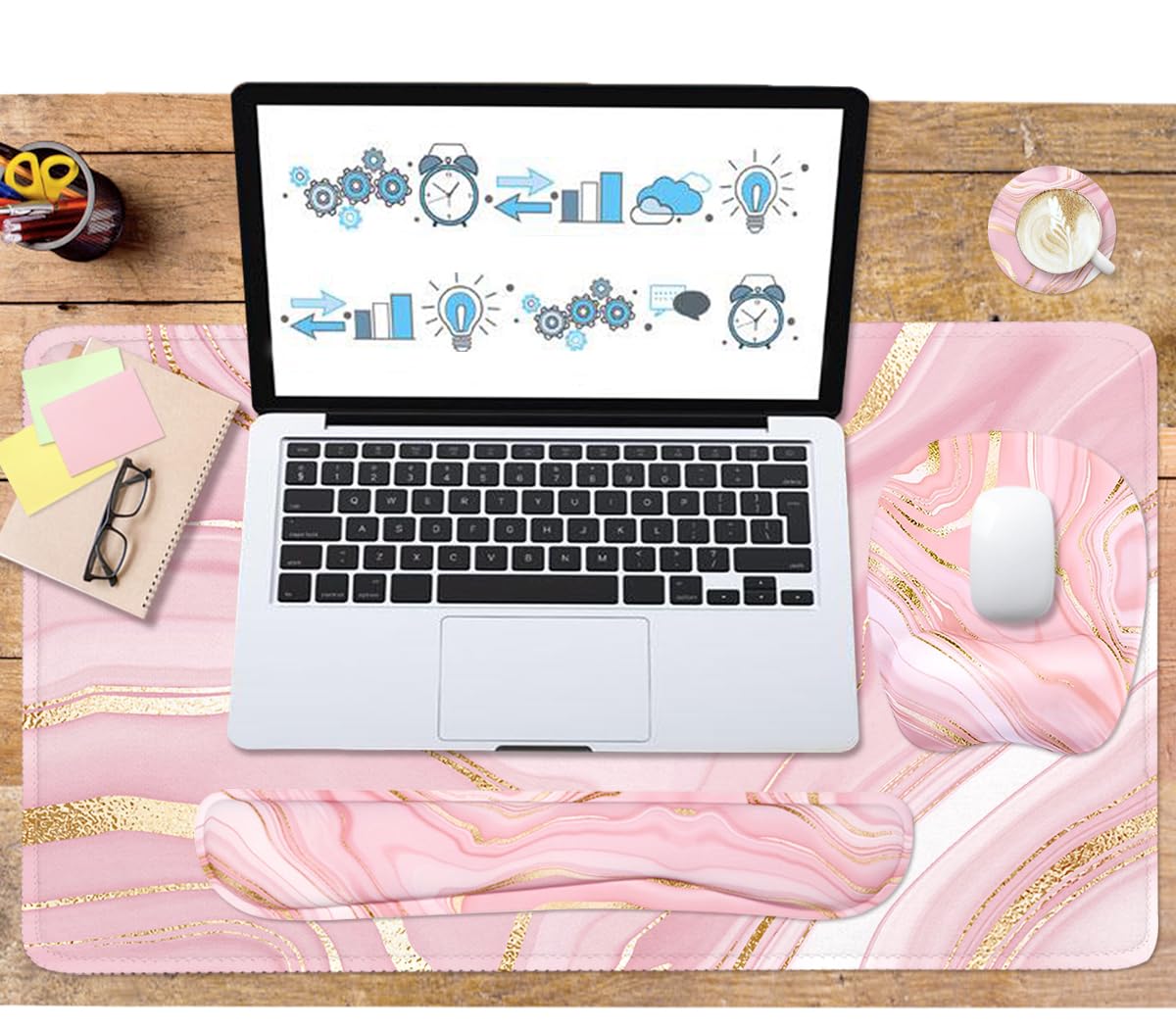 Grand repose-poignet pour clavier - Support de poignet pour ordinateur - 4 en 1 en mousse à mémoire de forme - Repose-poignet ergonomique - Pour la maison et le bureau - Marbre rose