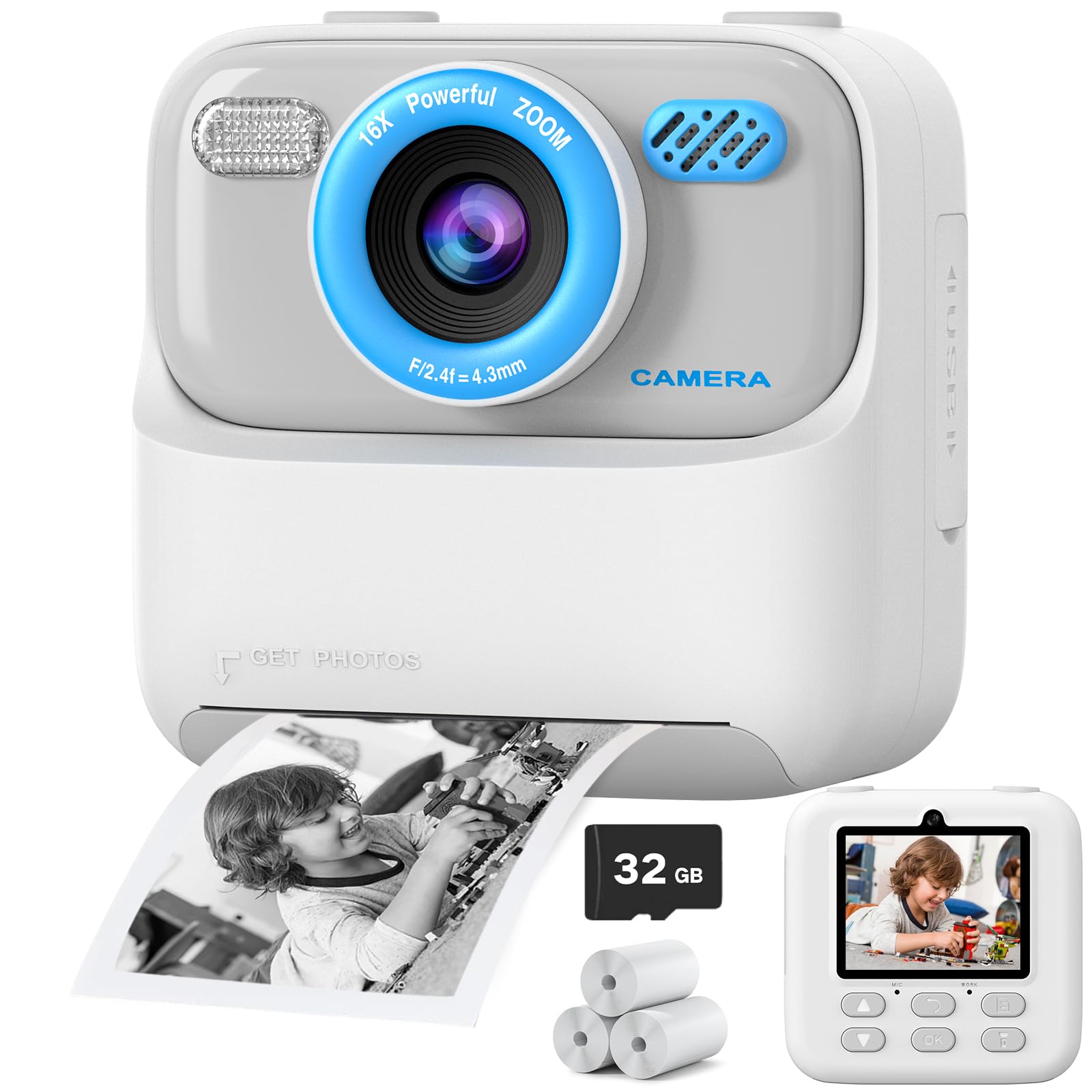 Appareil Photo Instantané Pour Enfants – Cadeau D'anniversaire Amusant Pour Filles Et Garçons, Double Appareil Photo Numérique HD Avec 4 Rouleaux De Papier Imprimé, Carte SD De 32 Go, Durable Et