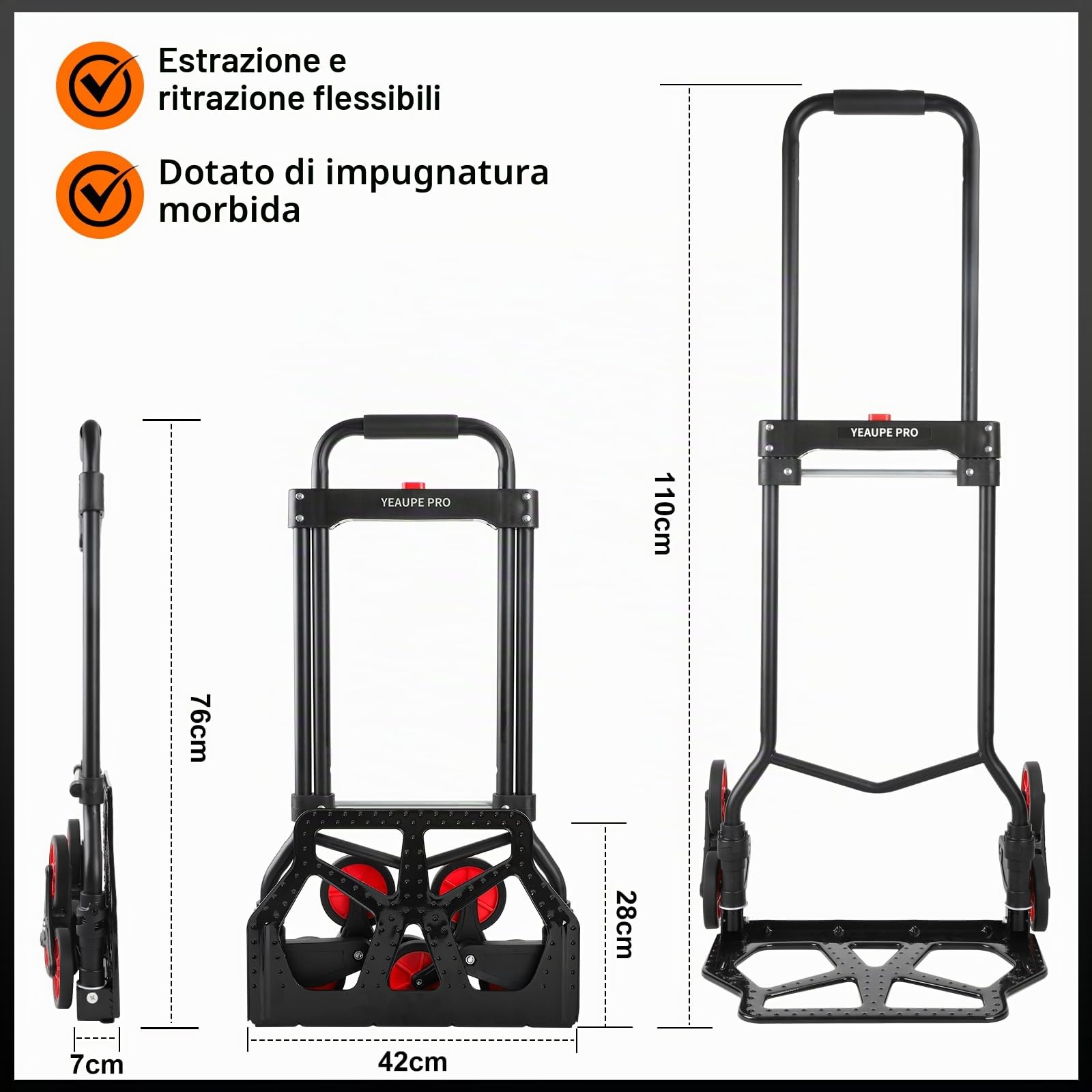 Carrello pieghevole in lega di acciaio con ruote, 100 kg, manico esteso da 110 cm, multiuso con corda elastica, per salire le scale, negozi, ufficio, casa, giardino