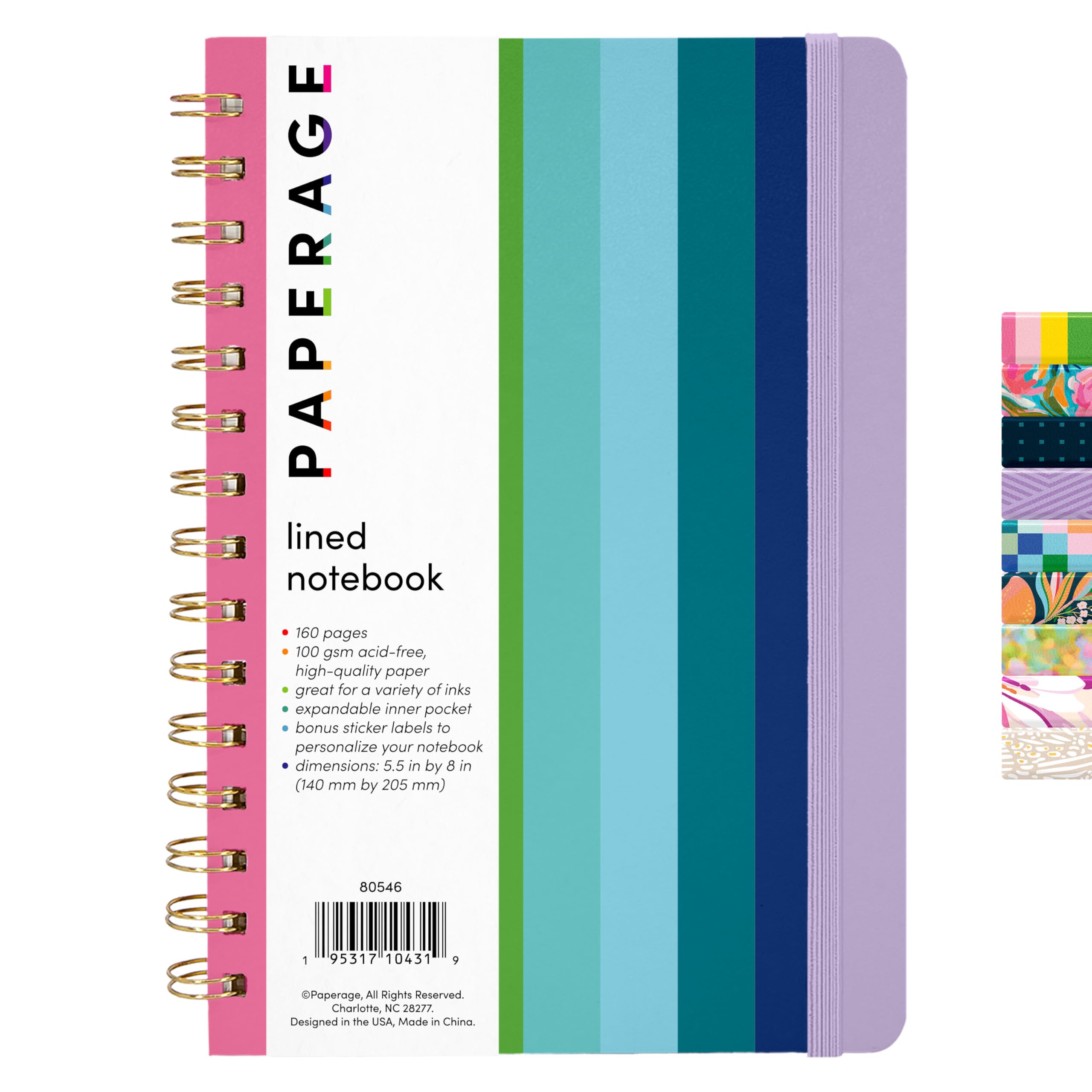 PAPERAGE Lined Spiral Journal Notebook, (Rainbow Stripe), 160 Pages, Hardcover Journal for Women & Men, Medium 5.5 in x 8 in - 100 GSM, Thick Paper, Spiral Notebook for Work, School & Journaling
