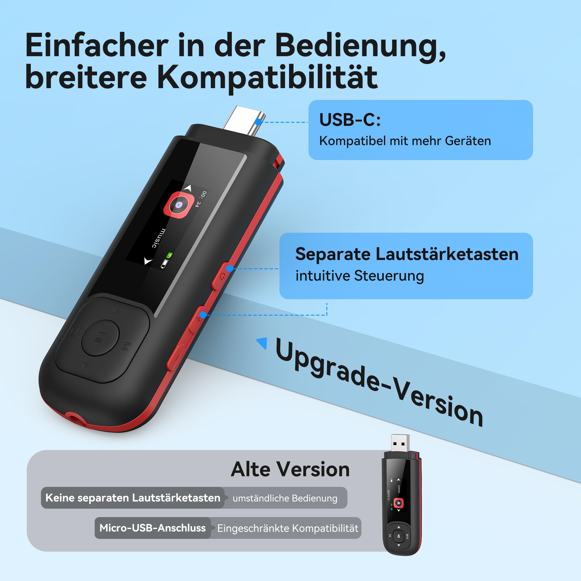 AGPTEK 64 GB USB-C MP3-Player, Tragbar 2-in-1 Typ-C- und USB-Musikplayer, USB Stick mit UKW-Radio, Aufnahme (Kein Bluetooth Unterstützung für Handy Verbindung