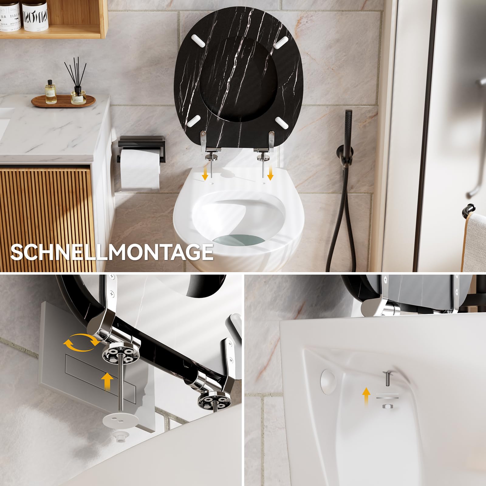 Toilettendeckel mit Absenkautomatik Holz - WC Sitz Bambus Klodeckel Oval MDF Klobrille Toilettensitz Softclose Toilet Seat Schwarz 175 KG Belastbarkeit