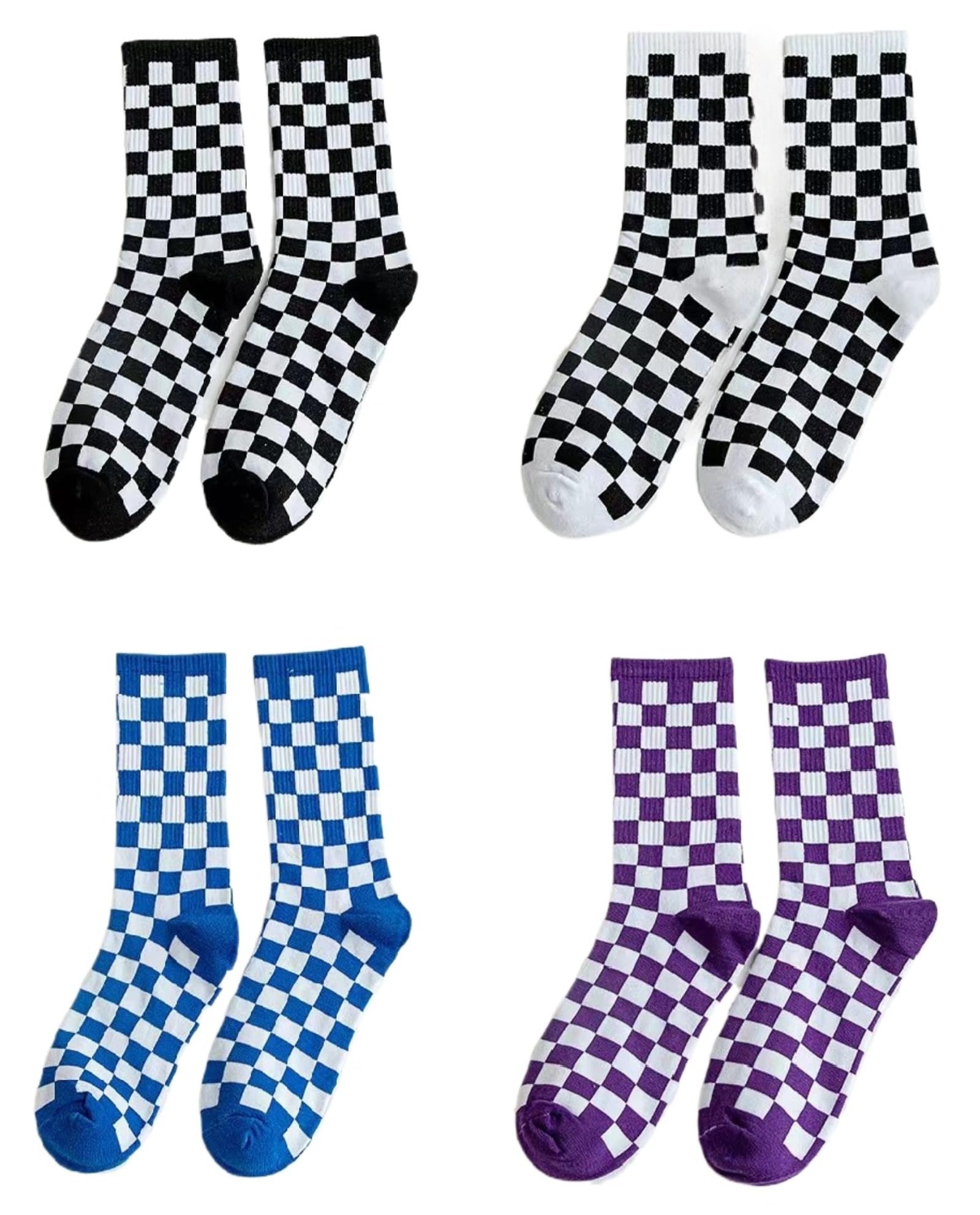 Dybag 4 Pairs Women's Checked Socks Trendy Hip Hop Stockings Fashion Socks for Women Girls, a, One Size