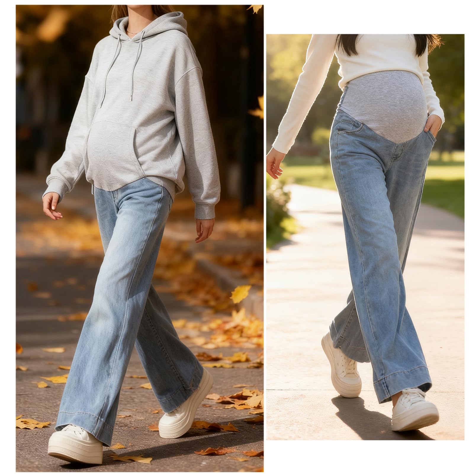 Jeans in gravidanza, da donna, in vita regolabile, larghezza Bootcut/Flare Stretch Denim Lounge Pantaloni con tasche per donne piccole fino a 170 cm