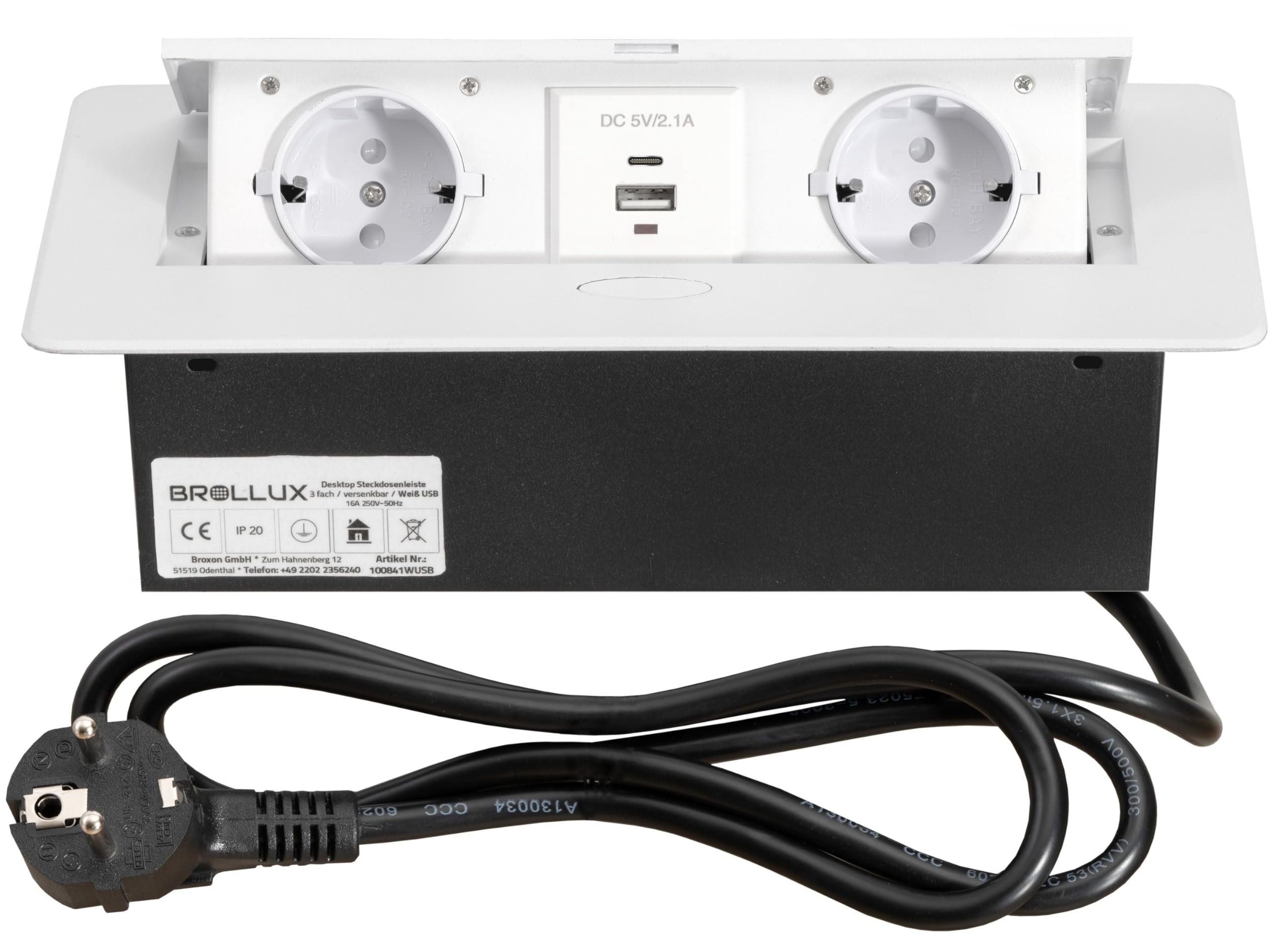 Brollux Enchufe empotrable retráctil de 2 enchufes con USB y USBC blanco con apertura suave de aluminio fundido por inyección de 1,5 m cable de conexión