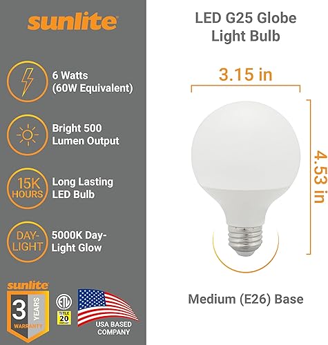Miniatura 2 de Sunlite Bombilla LED G25, 6 vatios (equivalente a 60 W), 120 V, base E26 media, 500 lúmenes, regulable, esmerilado, 90 CRI, compatible con el título