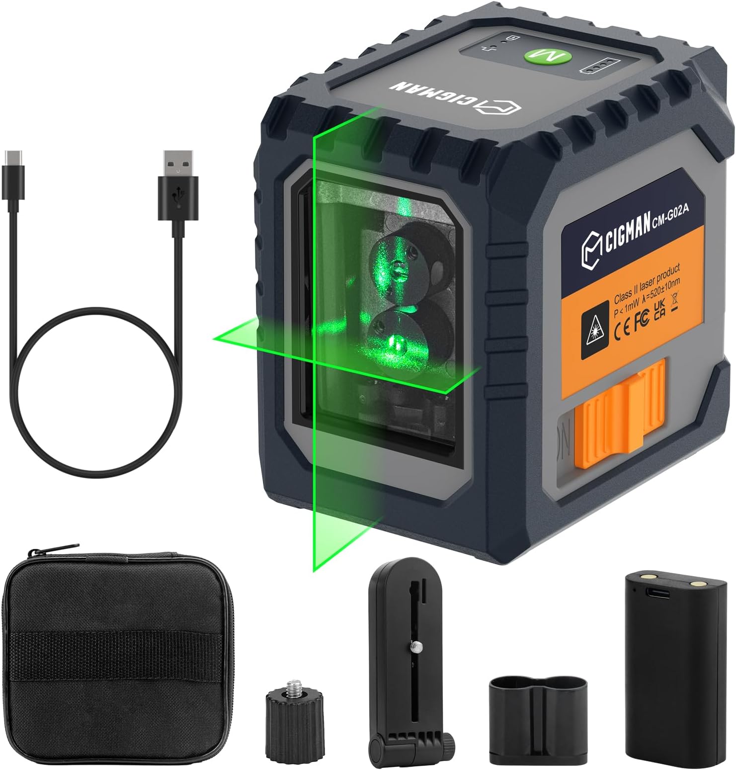 Laser Level Rechargeable, CIGMAN G02A Green Self-Leveling Cross Line Laser Level with Horizontal and Vertical Lines, Selectable Laser Lines, 100 Ft Visibility, Rotatable 360°, Charging Cable Included