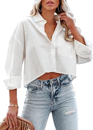 Tankaneo Womens Button Down Cropped Shirts Long Sleeve Crop Tops Blouses | Casual, Solid, Lapel Blouse Shirt, Chest Pocket,White Button Down Shirt,Collared Shirts,Fall Clothes