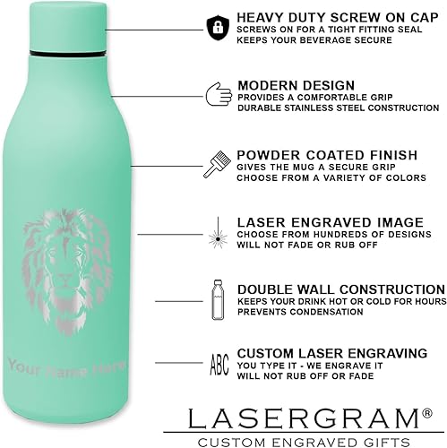 Miniatura 6 de LaserGram Botella de agua de acero inoxidable de doble pared, cabeza de caballo 1, grabado personalizado incluido (verde azulado)