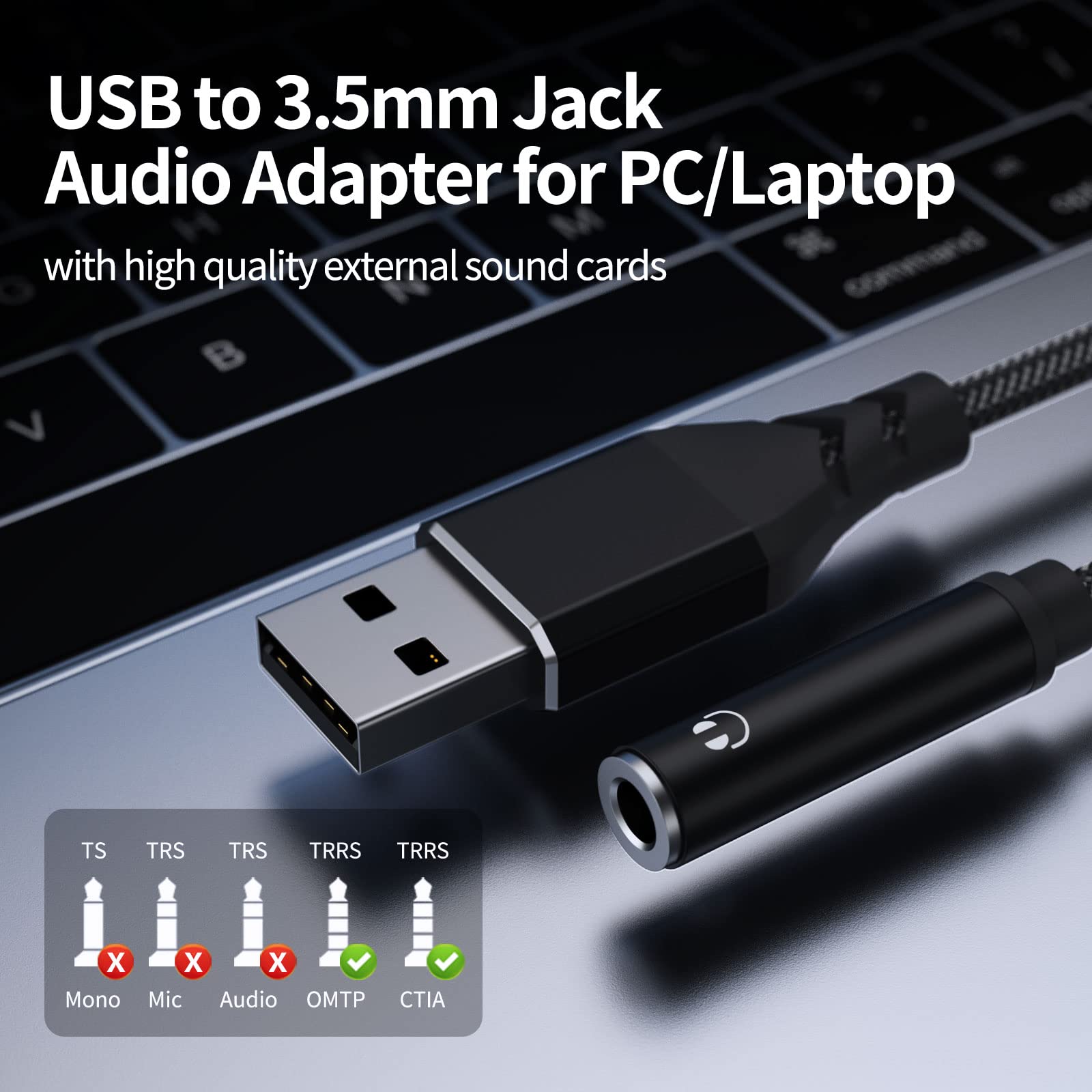 Adaptador de audio USB a conector de 0.138 in, tarjeta de sonido estéreo externa, chip integrado USB a auriculares, convertidor auxiliar macho USBA a conector de audio TRRS de 4 polos para 2
