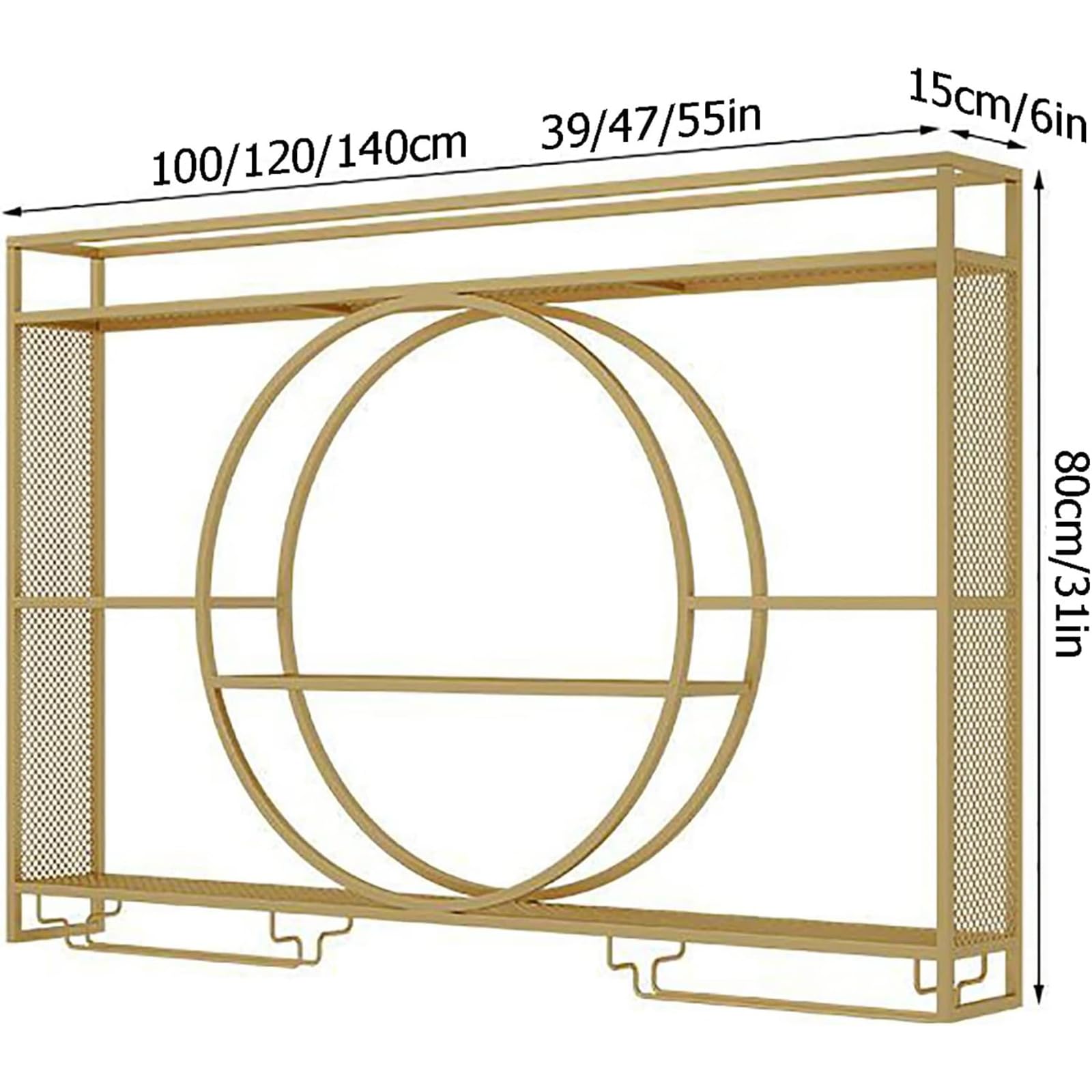 Estante de Pared de Metal con Vitrina de Cristal y estantes flotantes para el hogar, restaurantes y Bares. Acabado Dorado Moderno (tamaño: 100 x 15 x 80 cm).