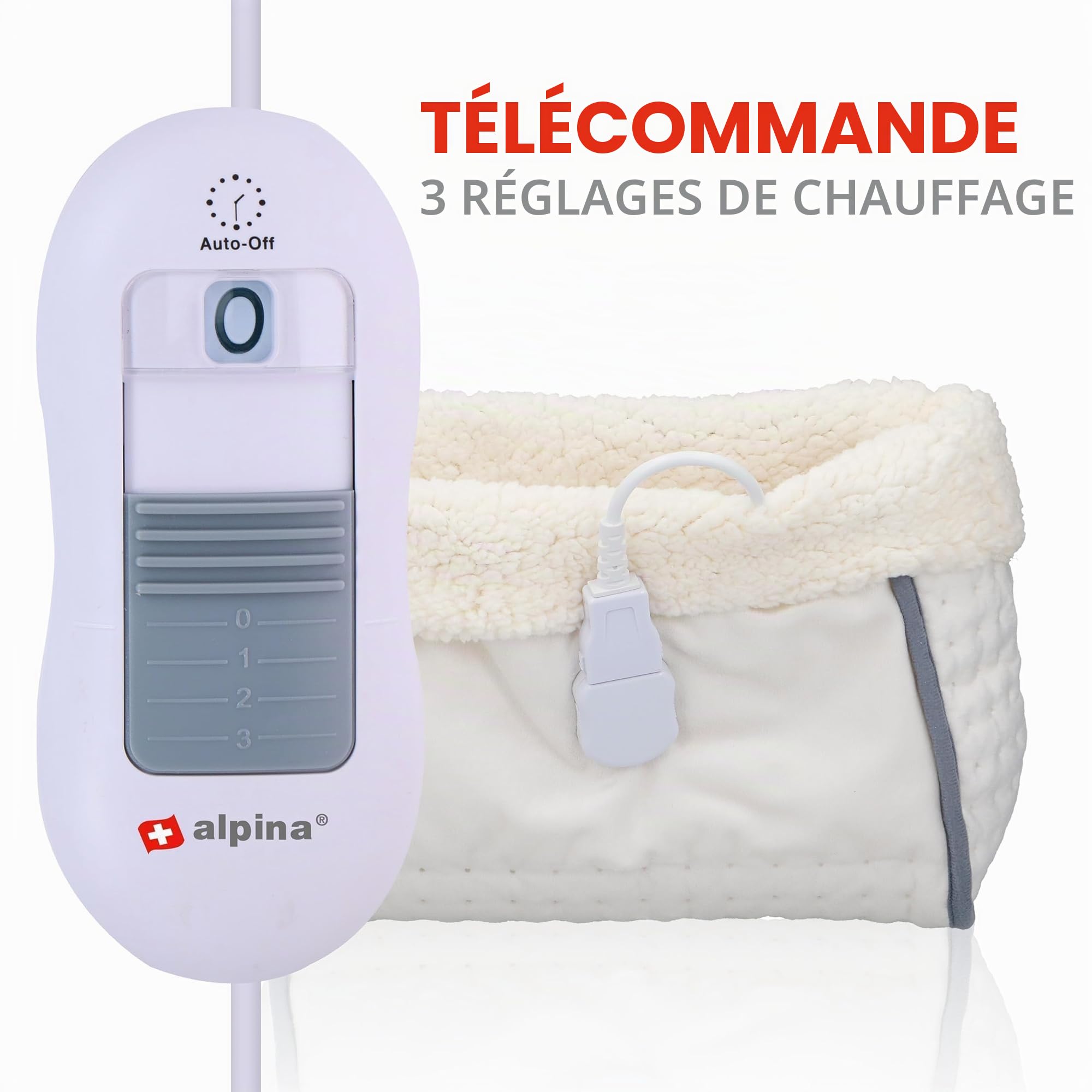 Alpina Chauffe-Pieds Électrique avec Télécommande – Chausson Chauffant 3 Niveaux – Arrêt Automatique 90 Min – Housse Lavable – Pantoufle Chauffante – Blanc, 30x30x23