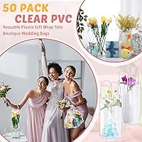 Vista 6 de LEIFIDE 50 bolsas de regalo de plástico transparente con asas, de PVC, reutilizables, transparentes, bolsas para dulces, escuela, fiesta