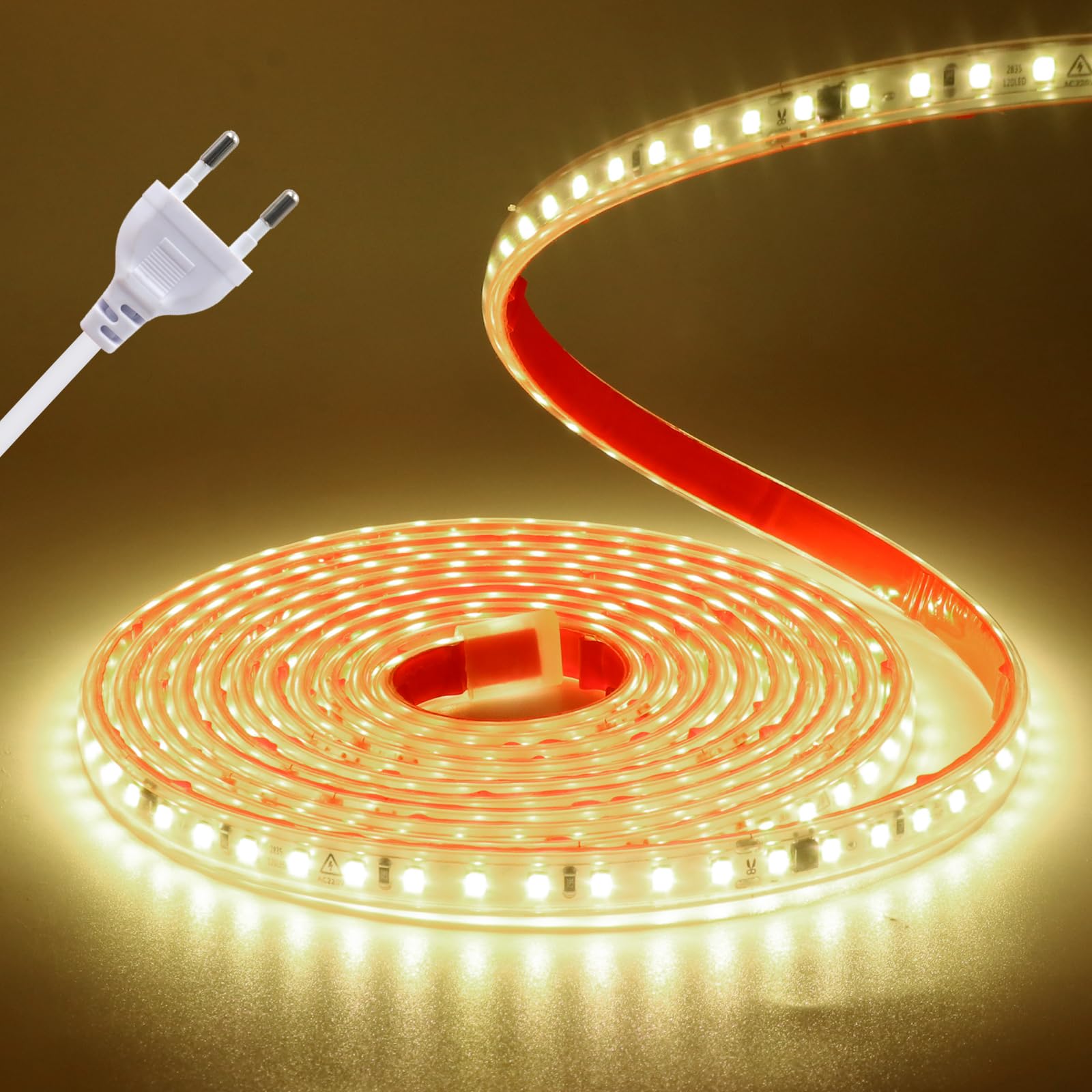 KISUFU Striscia LED 220 V, 2835 SMD, 120 LED/m, Power Free IP65, impermeabile, 10 cm, Cuttable Self-Adhesive LED Strip for Bedroom, Kitchen Outdoor Party DIY Decoration