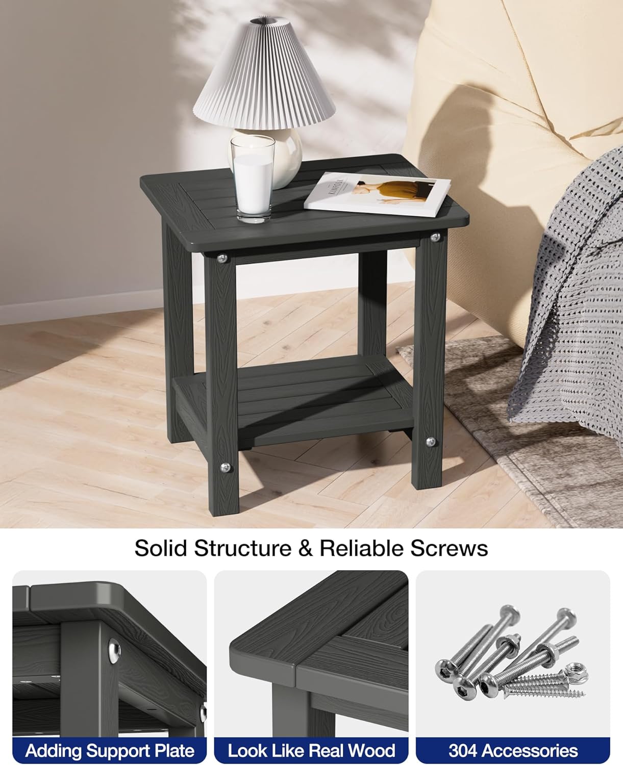 YEFU Outdoor Side Table for Patio: 16" HIPS Weather - Resistant Adirondack Tables Set of 2 - Small Square End Table for Backyard Living Room Bedroom - Indoor Outdoor Double Layer Table Dark Grey