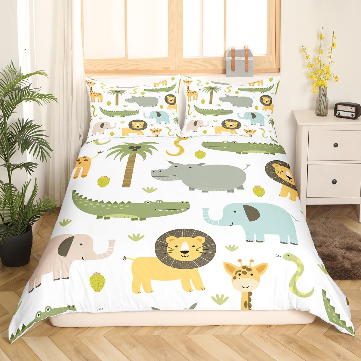 Homemissing Wildlife - Set di biancheria da letto Wildlife, set da letto per ragazzi, ragazze, adolescenti, carino, ippopotamo, coccodrillo, leone, copripiumino 220 x 240 cm, per bambini, cartone