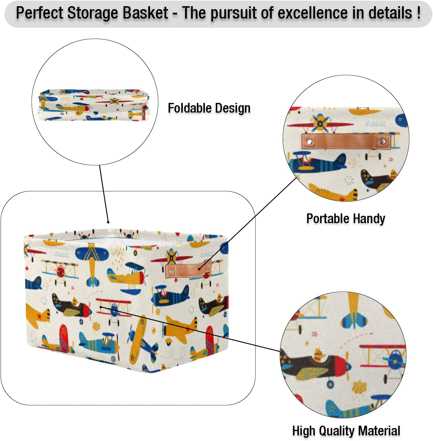 Retro Airplane Square Storage Basket, Fabric Storage Bin with Leather Handles Cartoon Airplane Collapsible Storage Bin Nursery Hamper for Organizing Toys, Clothes, Books, Gift Baskets