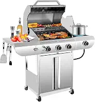 R.W.FLAME Churrasqueira a gás propano de 3 queimadores com queimador lateral, churrasqueira de aço inoxidável a propano de 34.000 BTU, churrasqueira multifuncional e protable ao ar livre com rodízios