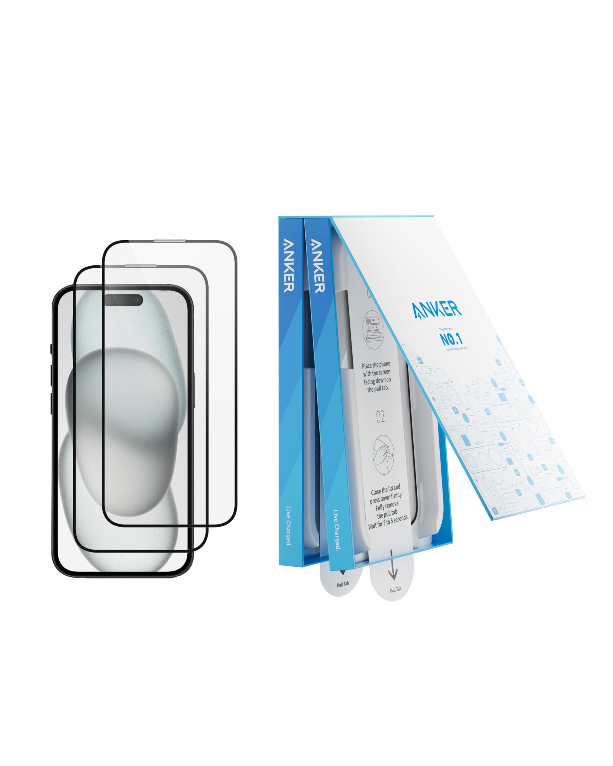 Anker Screen Protector for iPhone 15 Plus, Bubble-and-Dust-Free iPhone HD Tempered Glass, Durable and Drop-Proof with 9H Hardness, Easy Installation (2-Pack)