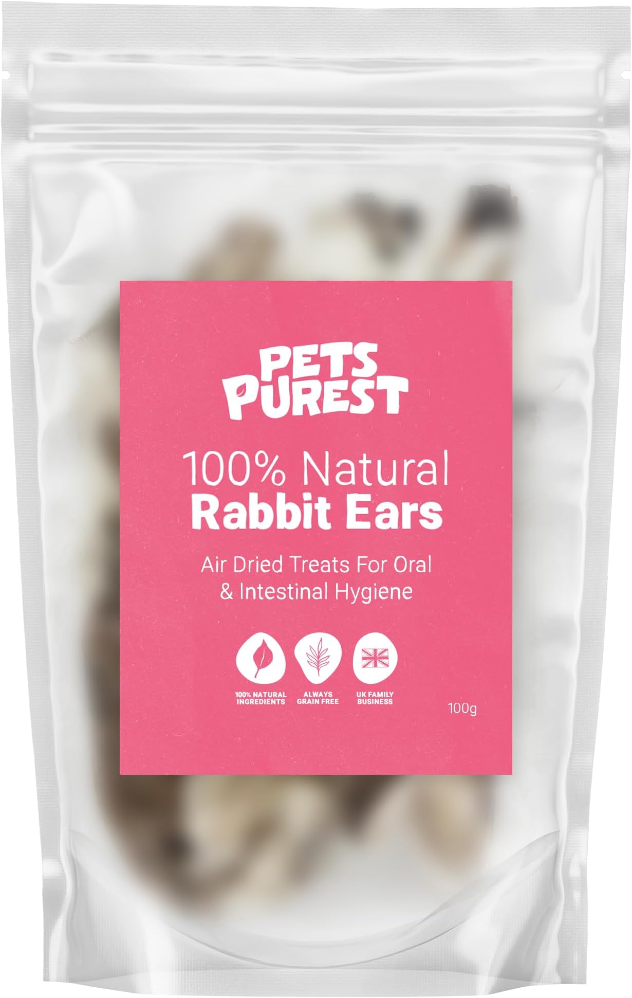 Pets Purest Rabbit Ears with Fur for Dogs, Puppy & Senior - 100% Natural Air Dried Dog Treat Chews for Raw Dog Food & Low Fat Healthy Hypoallergenic Grain Free Diets - 100g