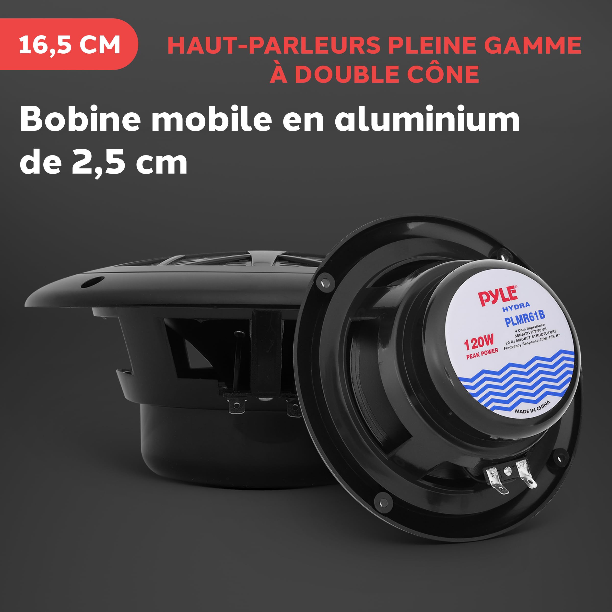 Pyle Haut-Parleurs Marins 16,5 cm 2 Voies – Étanches 120W, Noir, Enceintes pour Bateau, Véhicule Ouvert ou Extérieur, Vendus par Paire