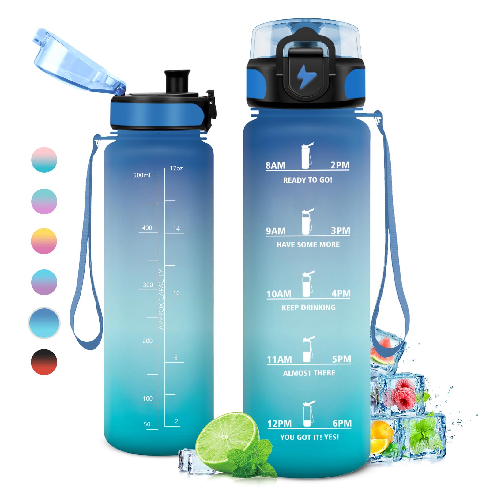 KollyKolla Borraccia 500ml/1L/1.5L,Palestra a Prova di Perdite,Motivazionale con Filtro, Bottiglia d'acqua Sportiva con Indicatore del Tempo, Borraccia per Bambino, Bambina, Sport, Scuola
