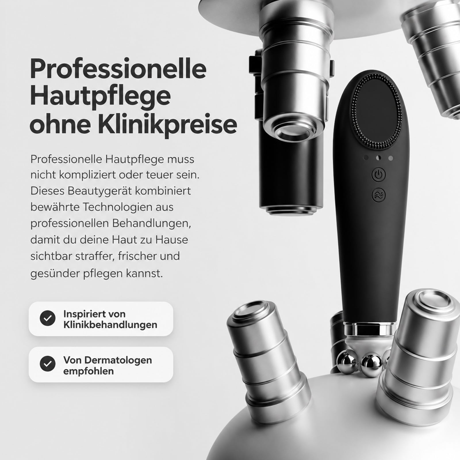 Vinvi Dermaglow Gesichtspflegegerät, 4-in-1 Beauty Tool mit Wärme, Mikrovibration, Massage- und Reinigungsaufsätzen, Porenreiniger und Gesichtsmassagegerät für Zuhause (Schwarz)