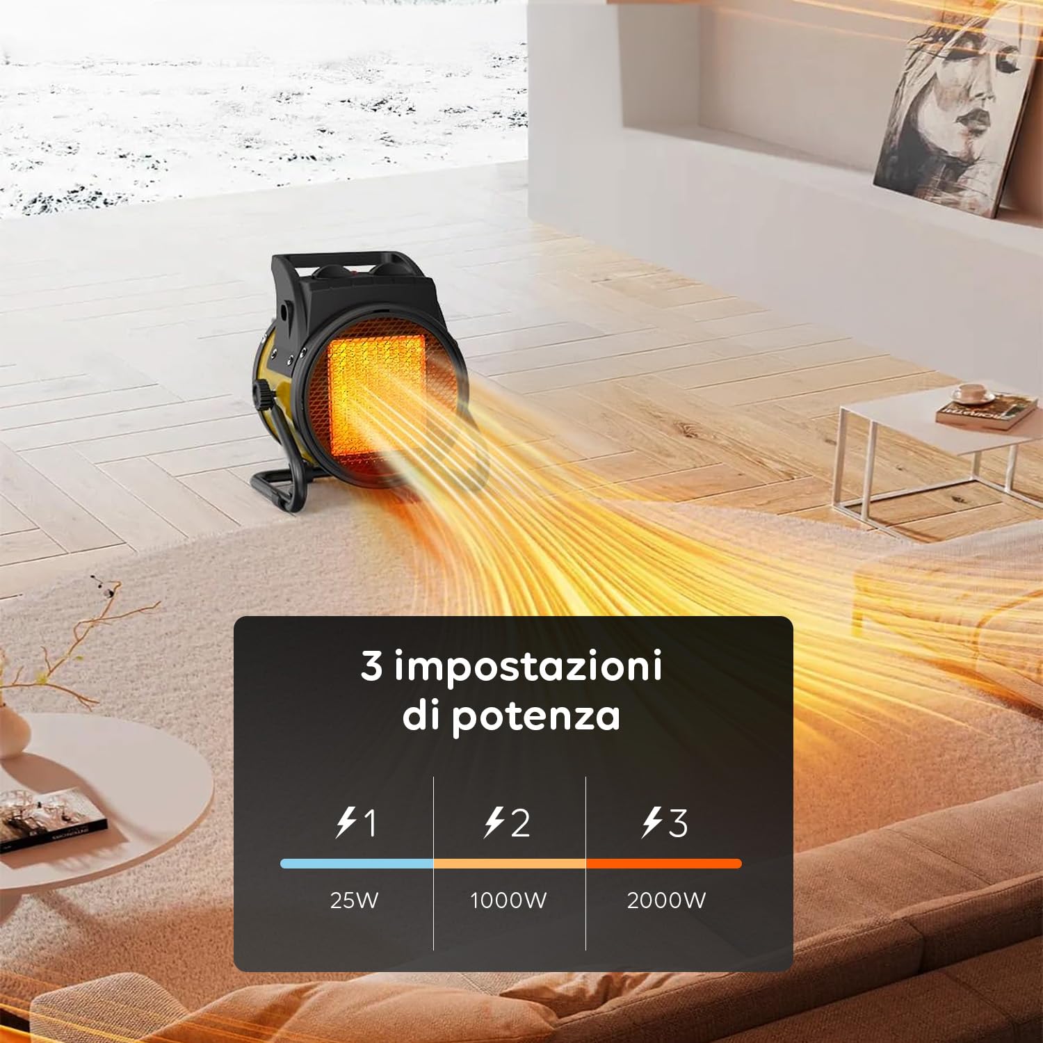 Wintem Termoventilatore in Ceramica 2000W - Stufa Elettrica 3 Intensità Regolabili e Funzione Anti Surriscaldamento - Ideale per Camera, Ufficio o Bagno - Compatto e Facile da Spostare 25,5x19x30,5cm