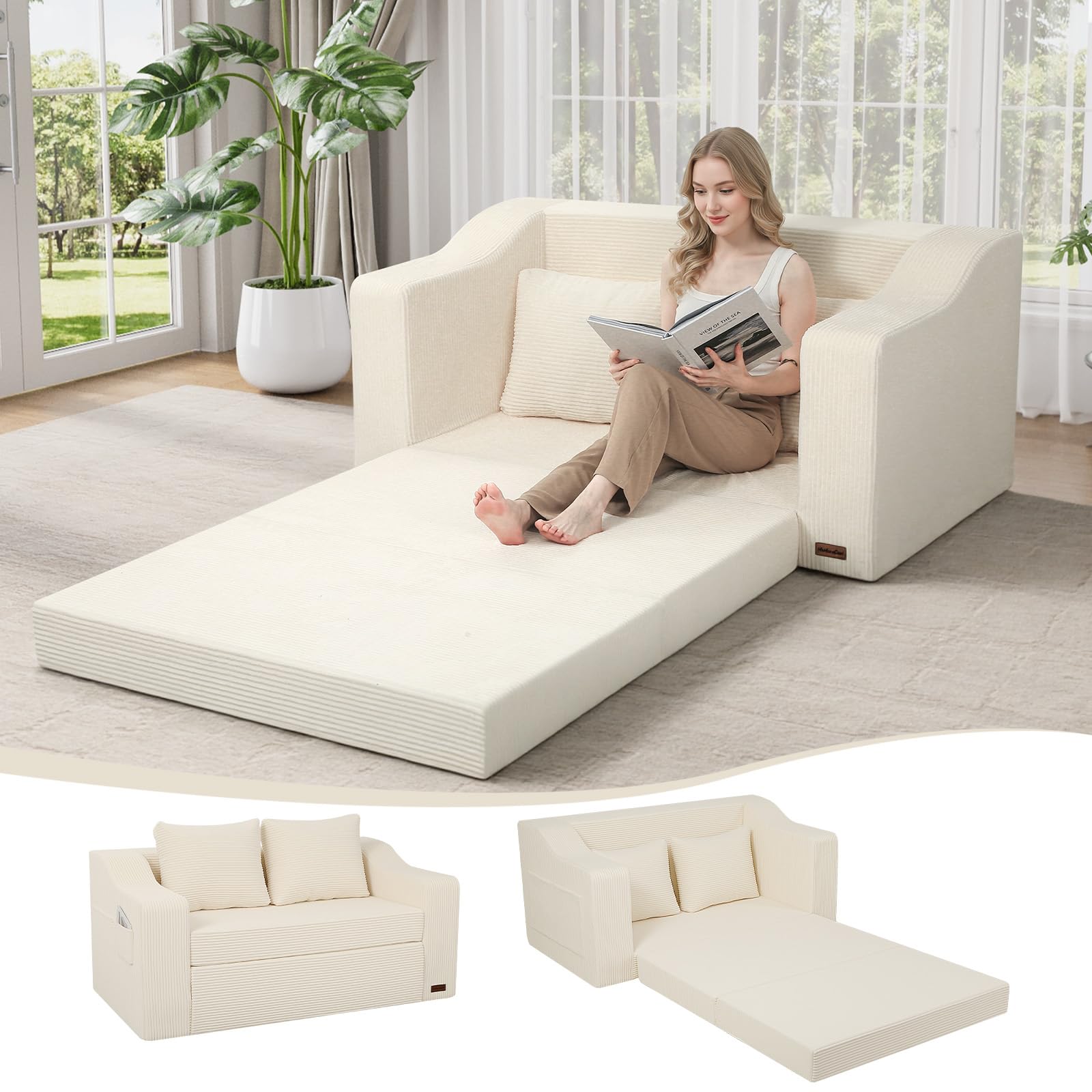 Sofá cama convertible de pana para espacio pequeño y cama de invitados plegable beige