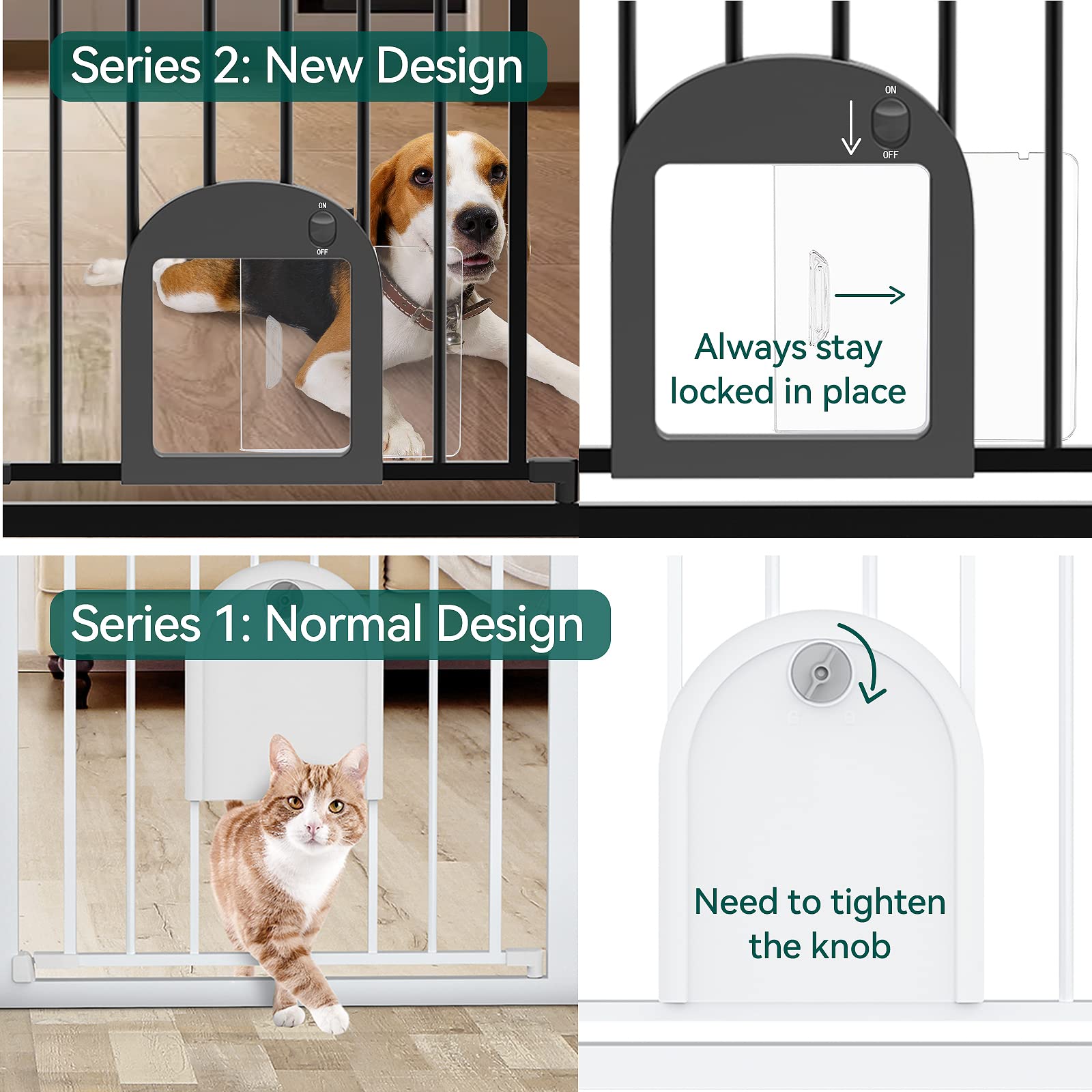 Babelio Upgraded Baby Gate with Cat Door, 29-43" Auto Close Durable Dog Gate for Stairs, Doorways and House, Easy Walk Thru Safety Gate with Pet Door Includes 4 Wall Cups, Black