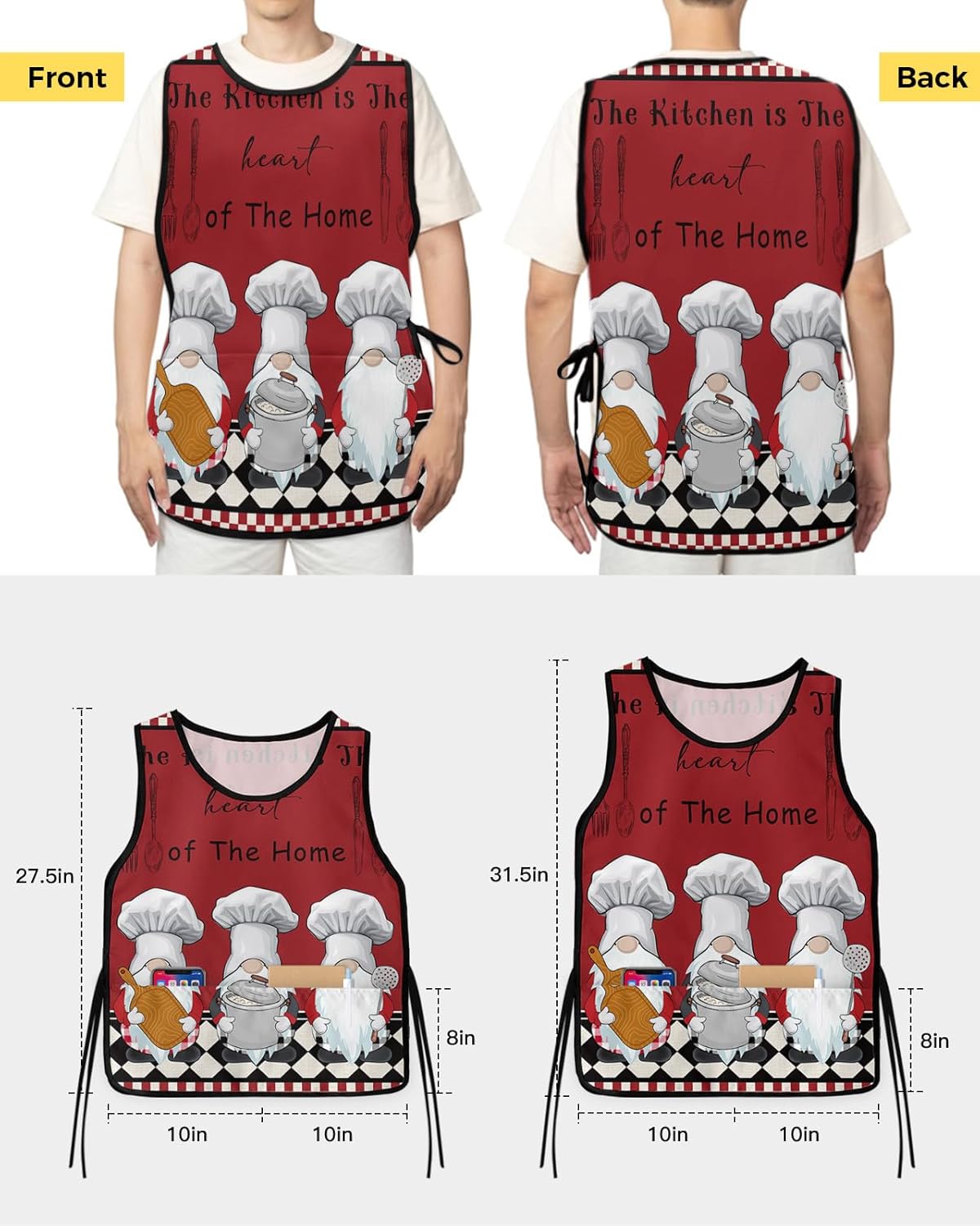 Checkered Plaid Red Black Cobbler Aprons with 2 Pockets for Women Men, Funny Cute Chef Gnomes Cooking