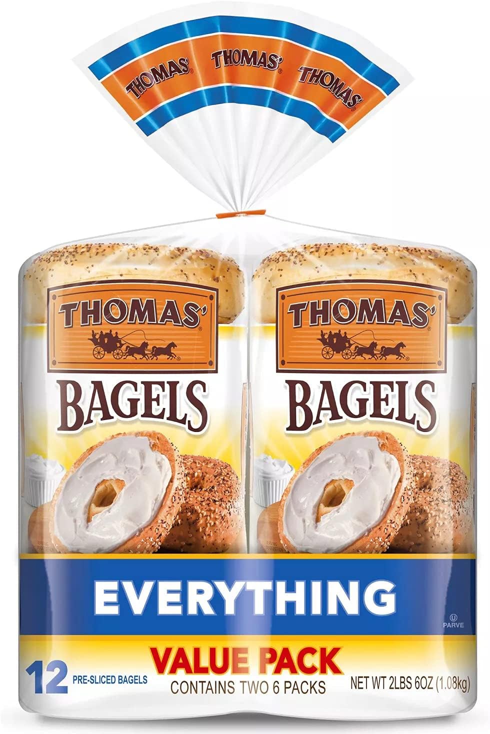Gourmet Kitchn Thomas' Everything Soft and Chewy 12 Pre Sliced Bagels, Value Pack - 1 Box (18oz / 2pk, 12 Ct.), Total 12 Bagels